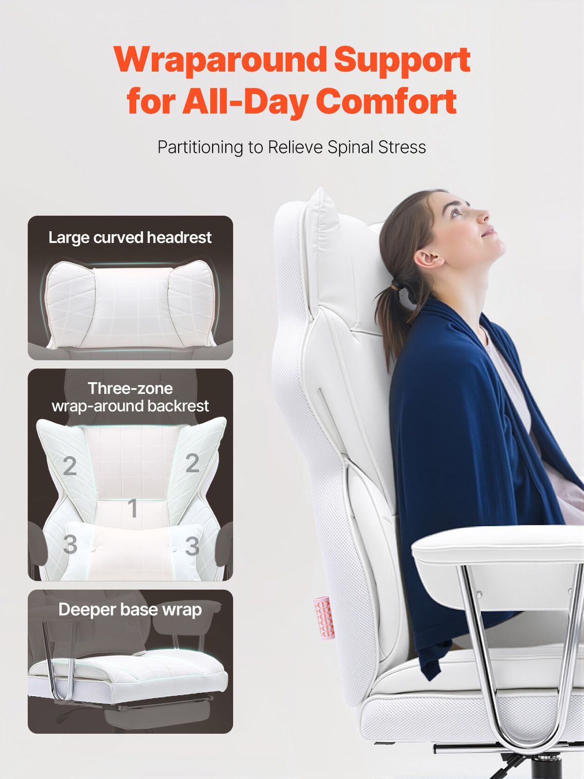VEVOR Reclining Office Chair with Footrest, Heavy Duty PU Leather Wide Office Chair, Big and Tall Executive Office Chairs with Lumbar Support, Strong Metal Base Quiet Wheels, White