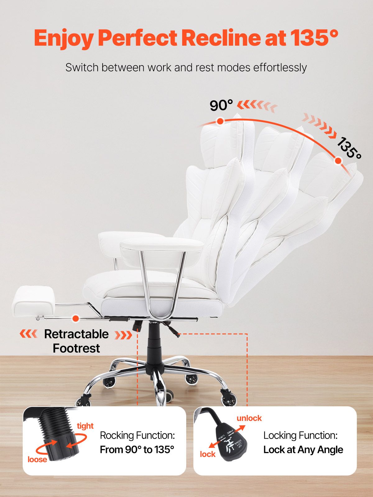 VEVOR Reclining Office Chair with Footrest, Heavy Duty PU Leather Wide Office Chair, Big and Tall Executive Office Chairs with Lumbar Support, Strong Metal Base Quiet Wheels, White
