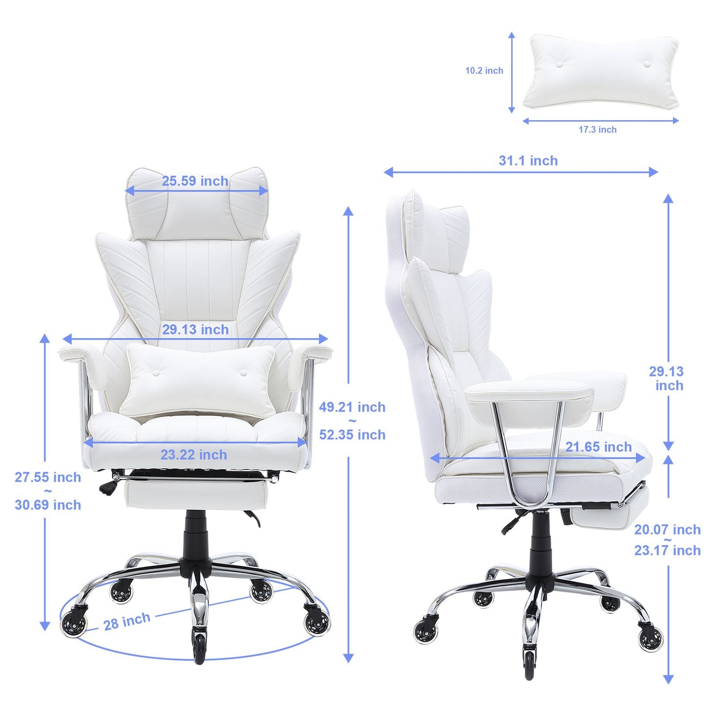 VEVOR Reclining Office Chair with Footrest, Heavy Duty PU Leather Wide Office Chair, Big and Tall Executive Office Chairs with Lumbar Support, Strong Metal Base Quiet Wheels, White