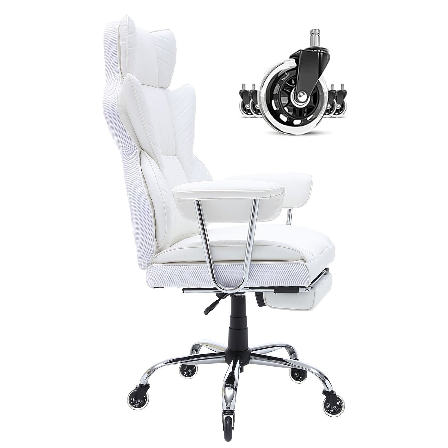 VEVOR Reclining Office Chair with Footrest, Heavy Duty PU Leather Wide Office Chair, Big and Tall Executive Office Chairs with Lumbar Support, Strong Metal Base Quiet Wheels, White
