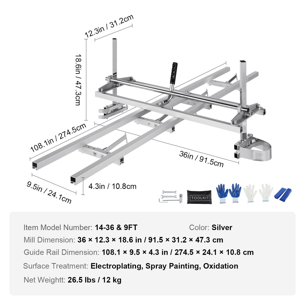 Chainsaw Mill 14"-36" Guide Bar and 9 ft Aluminum Rail Mill Guide System