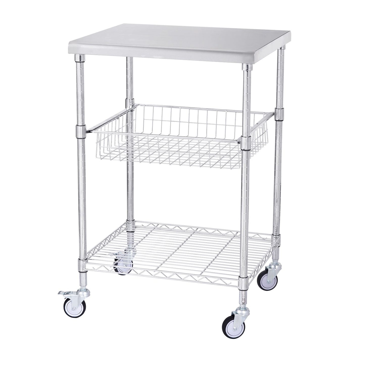 VEVOR Kitchen Utility Cart, 3 Tiers, Wire Rolling Cart with 213kg Capacity, Steel Service Cart on Wheels, Metal Storage Trolley with 76mm Basket Curved Handle PP Liner 6 Hooks, for Indoor and Outdoor