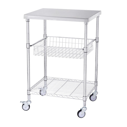 VEVOR Kitchen Utility Cart, 3 Tiers, Wire Rolling Cart with 213kg Capacity, Steel Service Cart on Wheels, Metal Storage Trolley with 76mm Basket Curved Handle PP Liner 6 Hooks, for Indoor and Outdoor