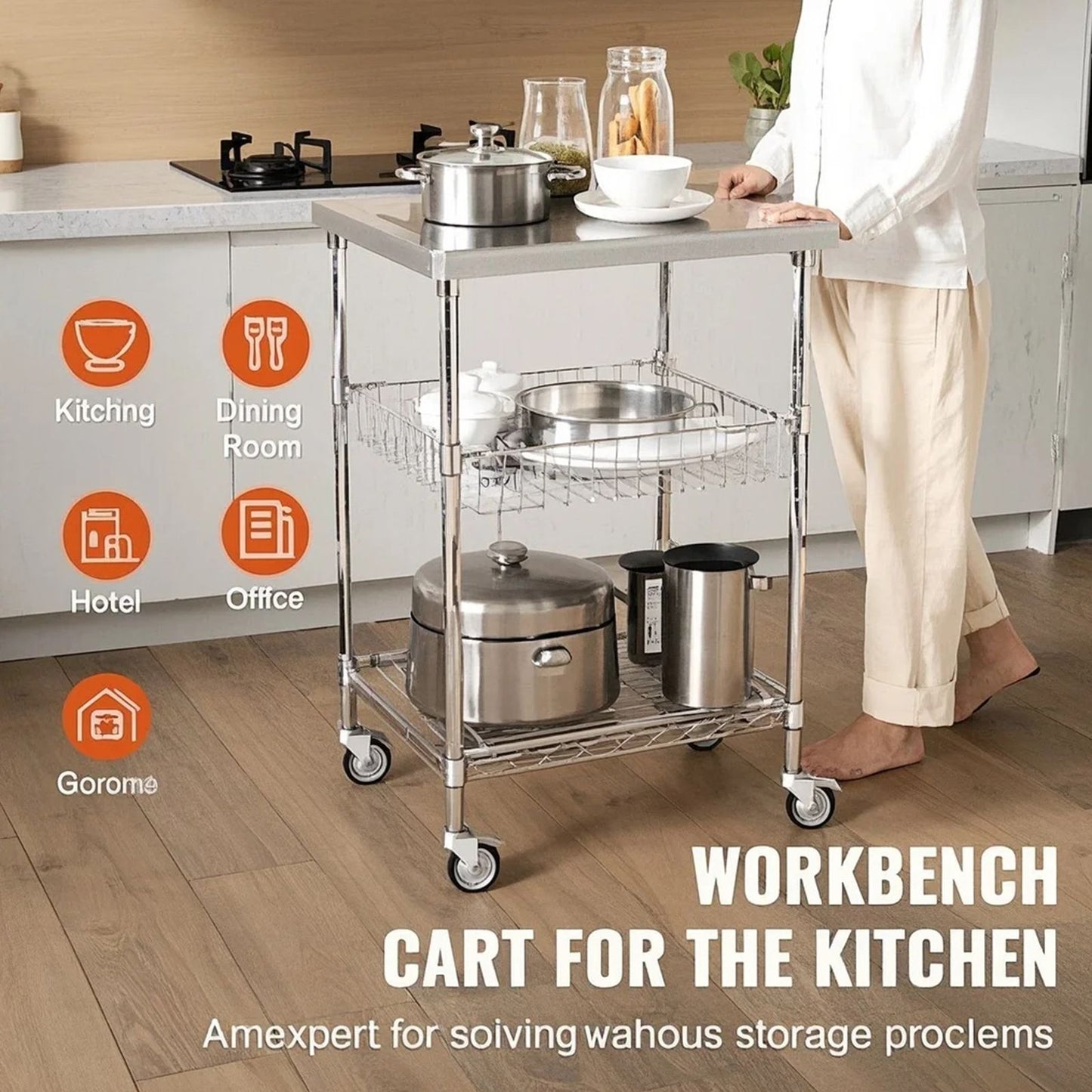 VEVOR Kitchen Utility Cart, 3 Tiers, Wire Rolling Cart with 213kg Capacity, Steel Service Cart on Wheels, Metal Storage Trolley with 76mm Basket Curved Handle PP Liner 6 Hooks, for Indoor and Outdoor