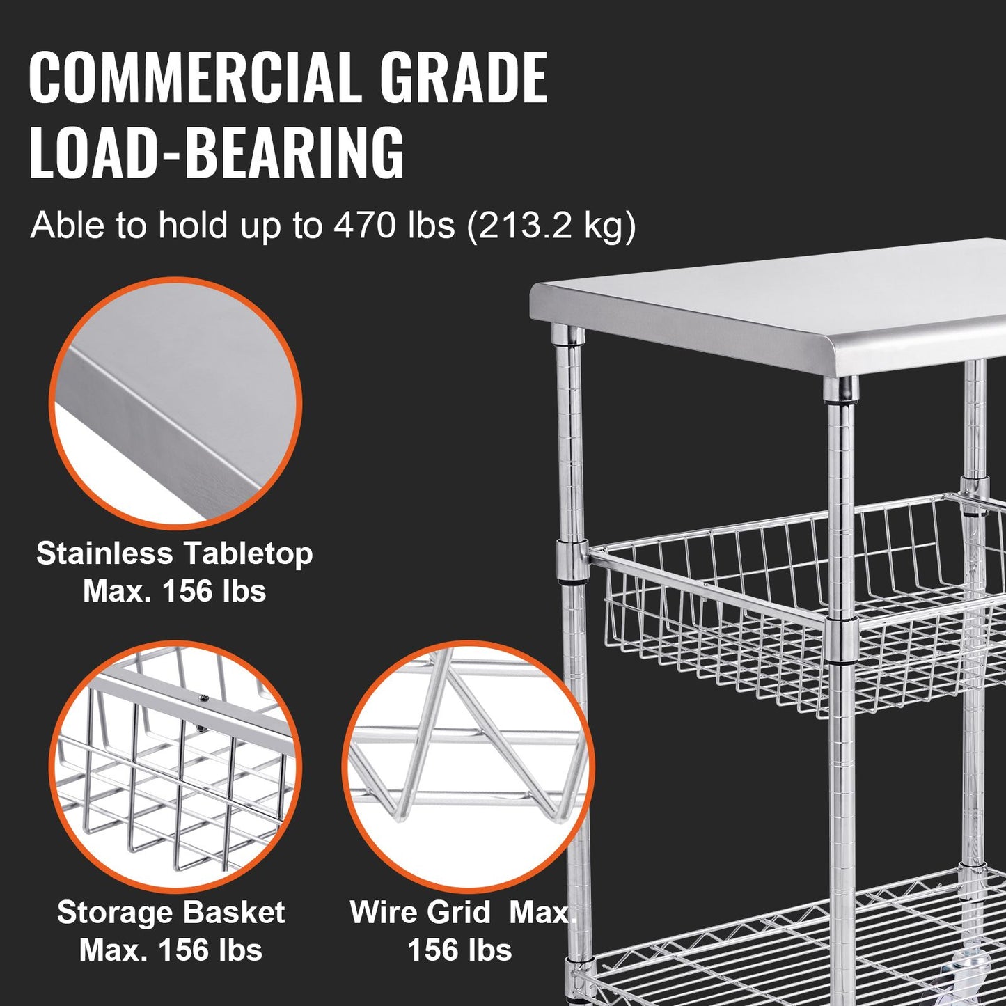 VEVOR Kitchen Utility Cart, 3 Tiers, Wire Rolling Cart with 213kg Capacity, Steel Service Cart on Wheels, Metal Storage Trolley with 76mm Basket Curved Handle PP Liner 6 Hooks, for Indoor and Outdoor