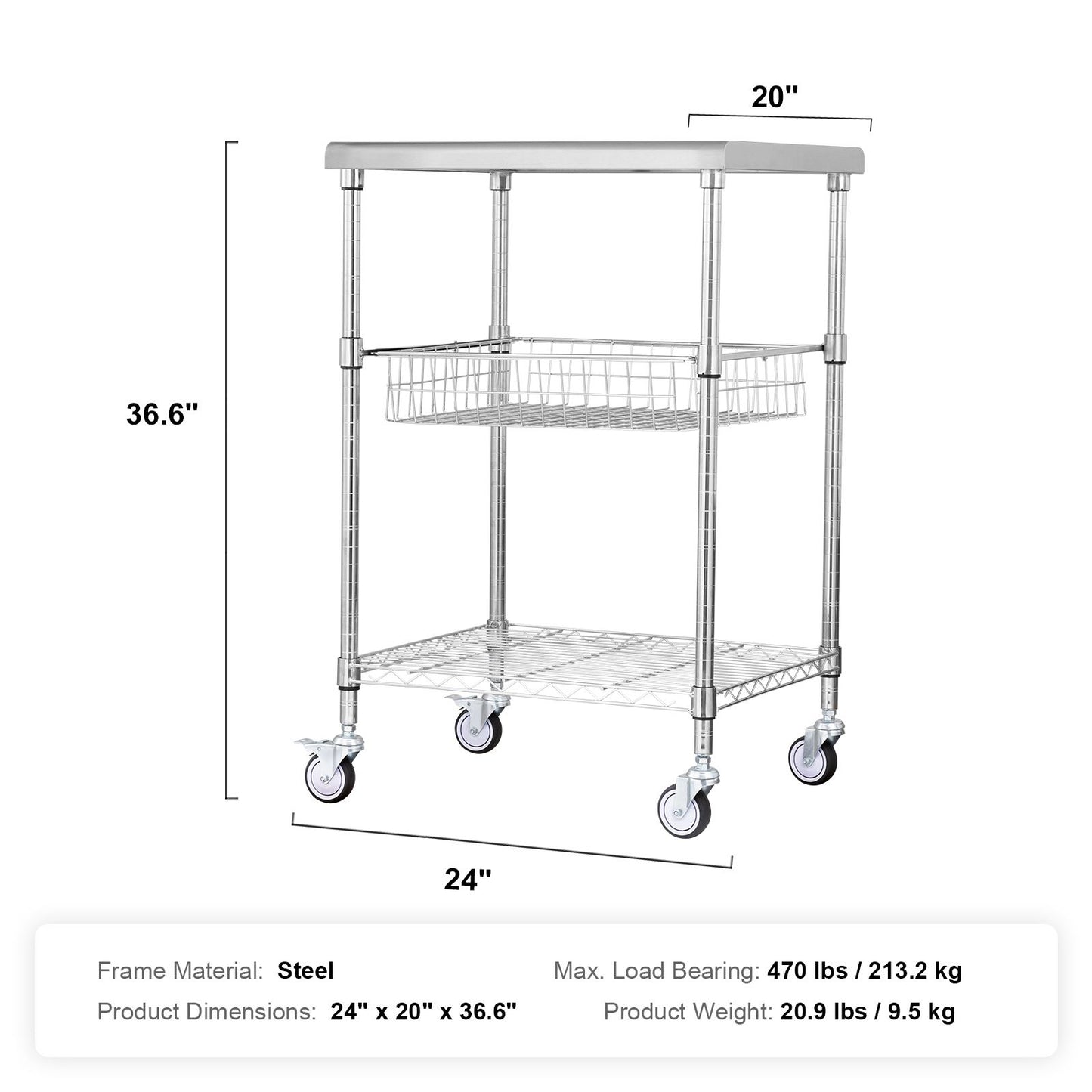 VEVOR Kitchen Utility Cart, 3 Tiers, Wire Rolling Cart with 213kg Capacity, Steel Service Cart on Wheels, Metal Storage Trolley with 76mm Basket Curved Handle PP Liner 6 Hooks, for Indoor and Outdoor