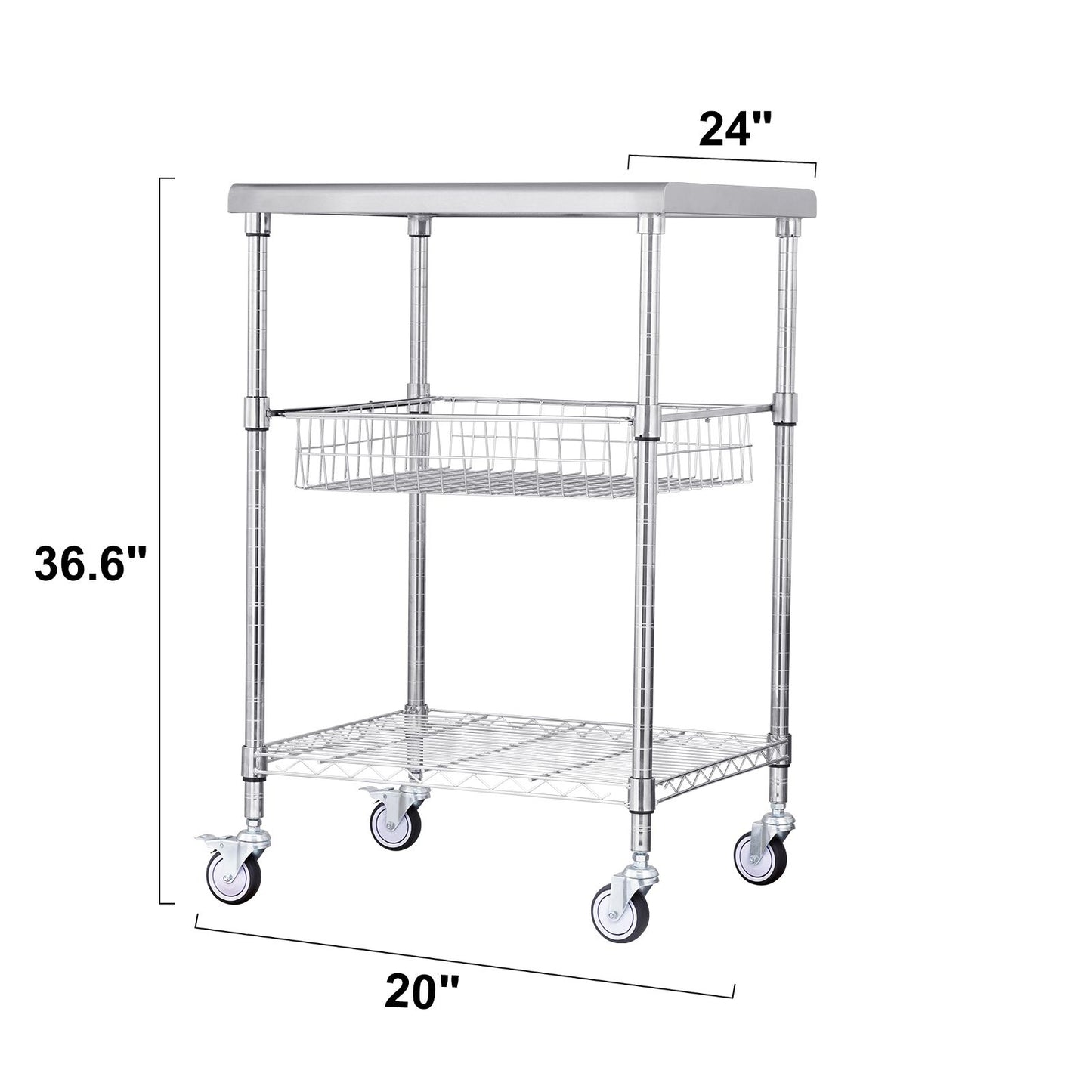 VEVOR Kitchen Utility Cart, 3 Tiers, Wire Rolling Cart with 213kg Capacity, Steel Service Cart on Wheels, Metal Storage Trolley with 76mm Basket Curved Handle PP Liner 6 Hooks, for Indoor and Outdoor