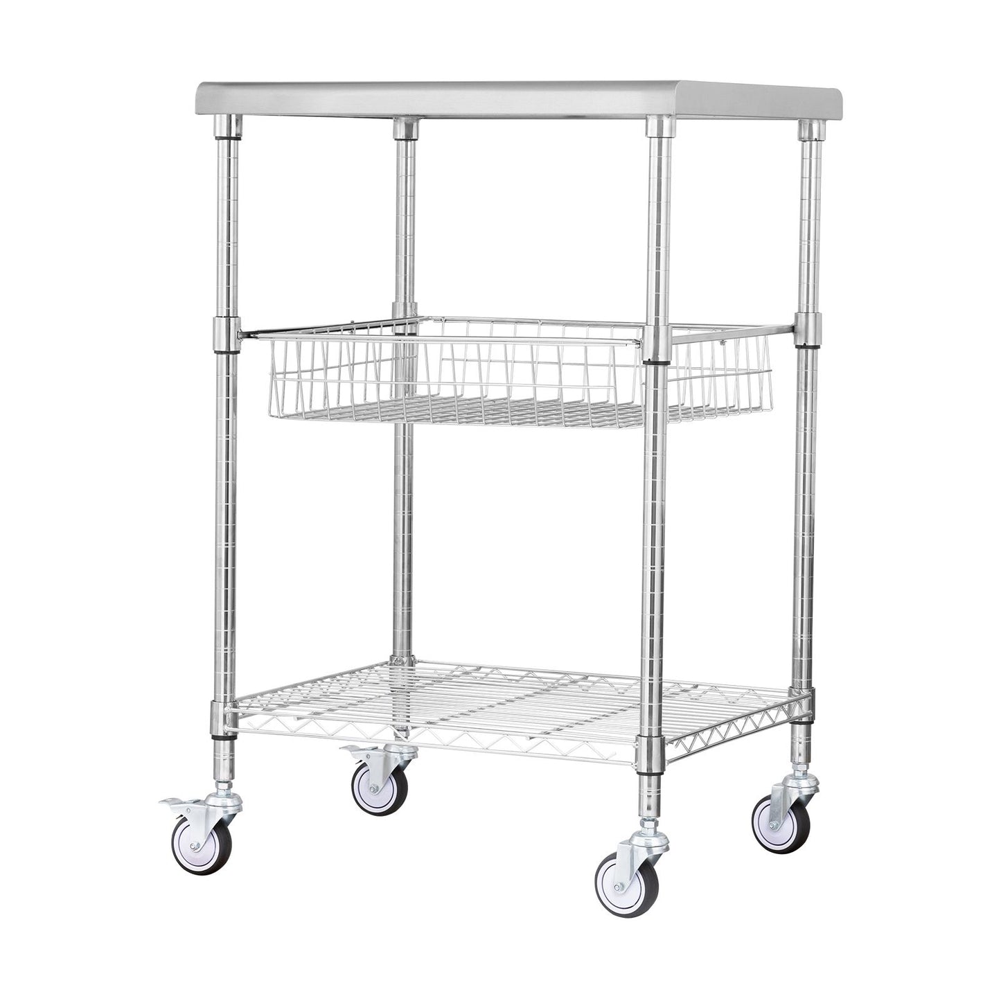 VEVOR Kitchen Utility Cart, 3 Tiers, Wire Rolling Cart with 213kg Capacity, Steel Service Cart on Wheels, Metal Storage Trolley with 76mm Basket Curved Handle PP Liner 6 Hooks, for Indoor and Outdoor