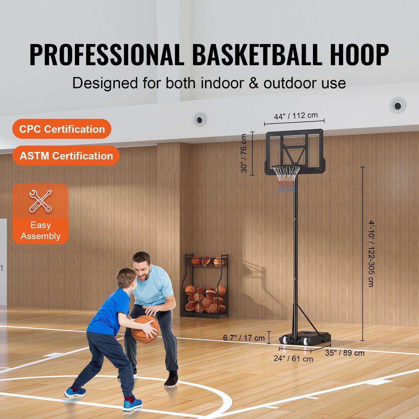 VEVOR Basketball Hoop, 4-10 ft Adjustable Height Portable Backboard System, 44 inch Basketball Hoop & Goal, Kids & Adults Basketball Set with Wheels, Stand, and Fillable Base, for Outdoor/Indoor