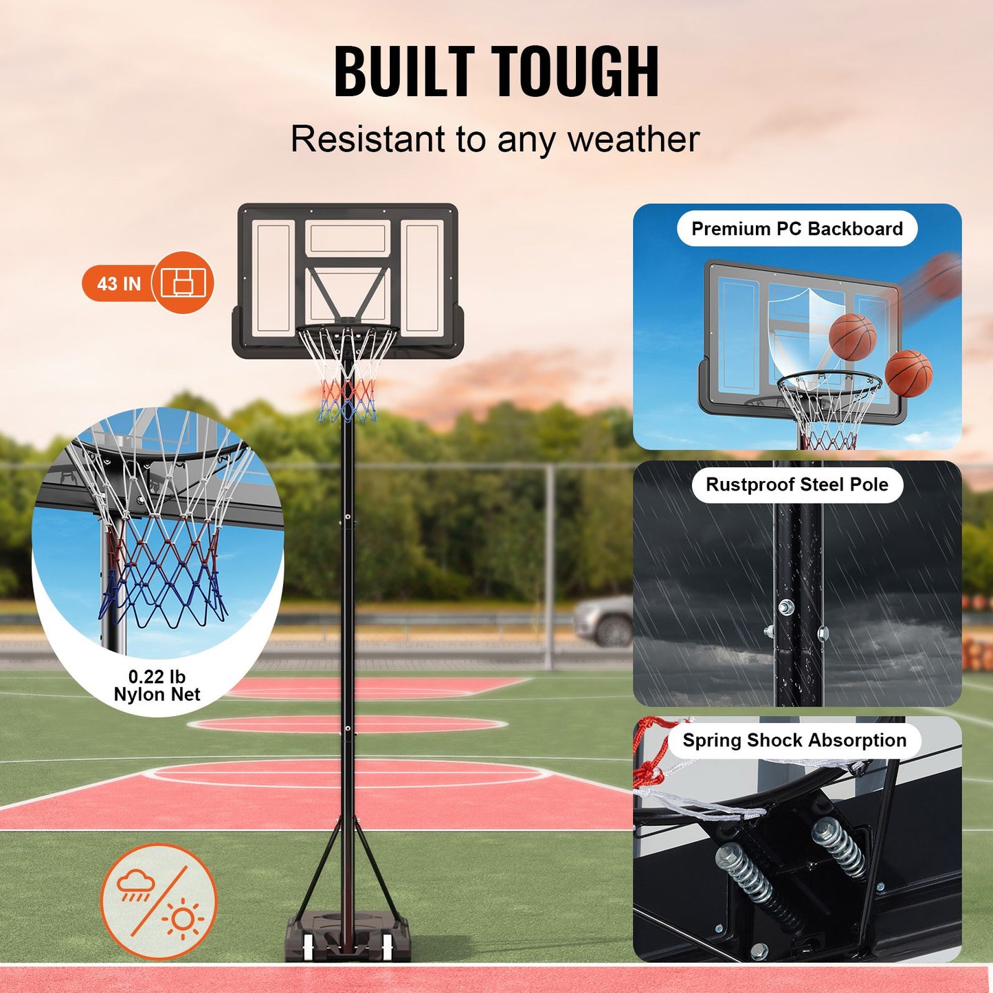VEVOR Basketball Hoop, 4-10 ft Adjustable Height Portable Backboard System, 44 inch Basketball Hoop & Goal, Kids & Adults Basketball Set with Wheels, Stand, and Fillable Base, for Outdoor/Indoor