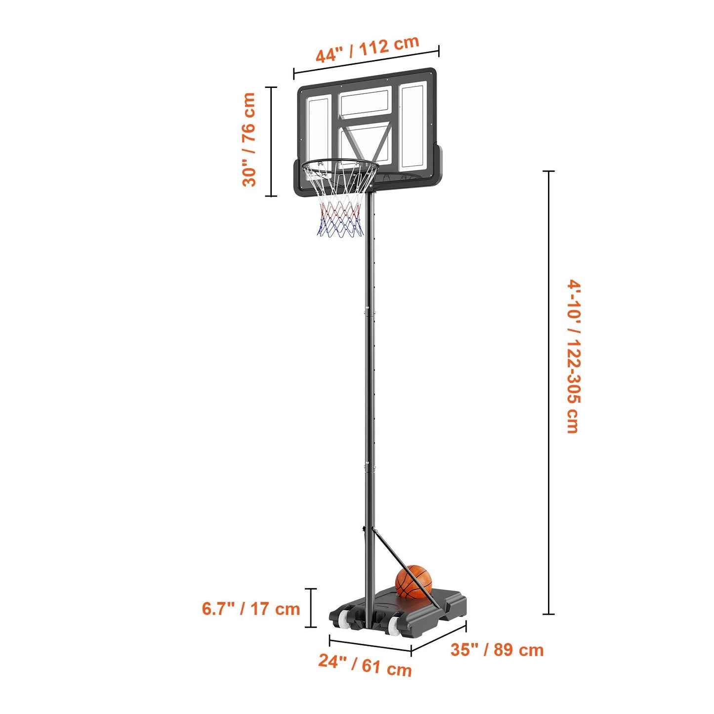 VEVOR Basketball Hoop, 4-10 ft Adjustable Height Portable Backboard System, 44 inch Basketball Hoop & Goal, Kids & Adults Basketball Set with Wheels, Stand, and Fillable Base, for Outdoor/Indoor