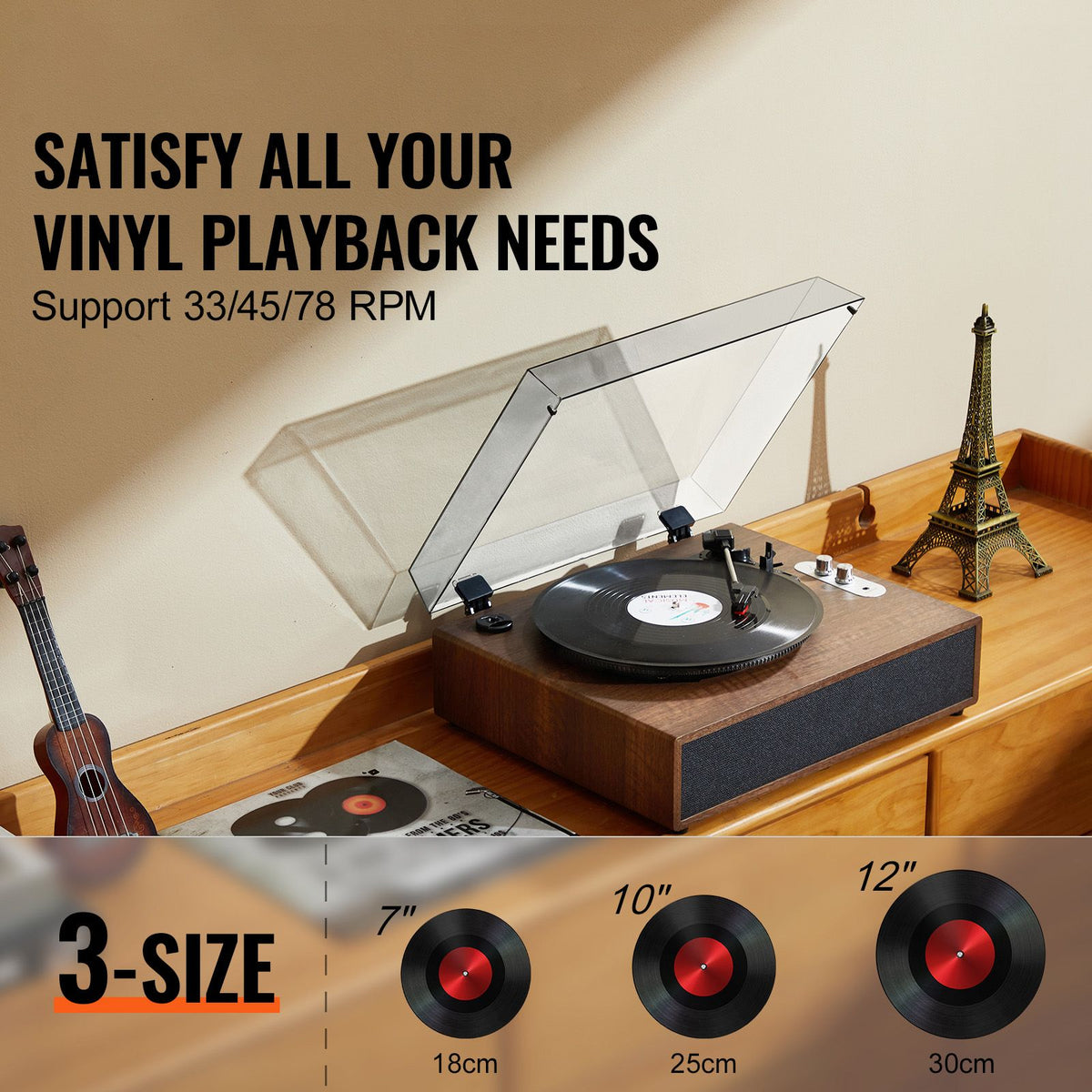 Bluetooth Vinyl Record Player 3-Speed Belt Driven Turntable 10W Speakers