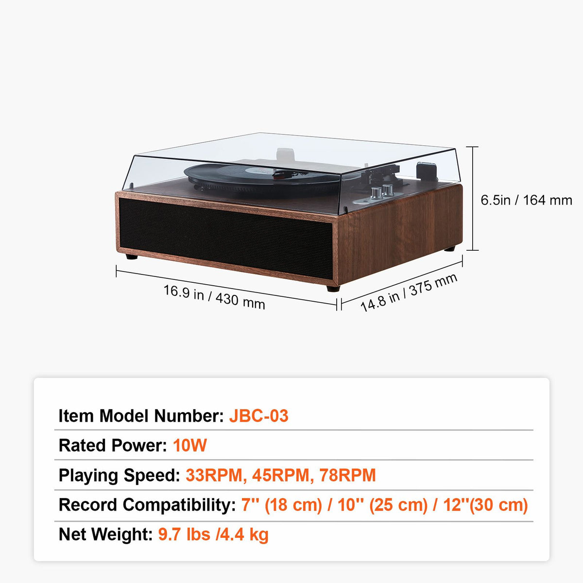Bluetooth Vinyl Record Player 3-Speed Belt Driven Turntable 10W Speakers