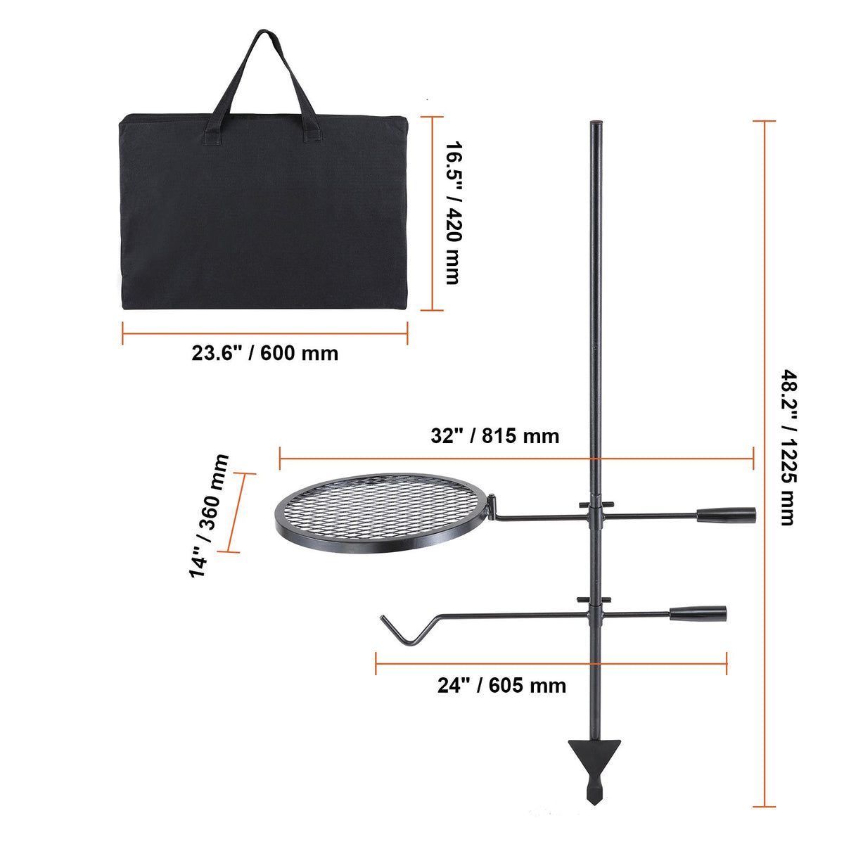 Swivel Campfire Grill Heavy Duty Steel Open Fire Cooking Grate Adjustable