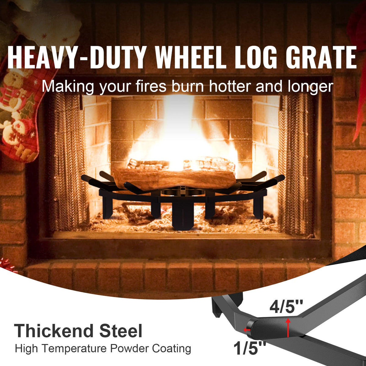 VEVOR Log Grate, 27 inch Heavy Duty Wheel Fire Grate with 6 Support Legs, Solid Powder-coated Steel Bars, Log Firewood Burning Rack Holder for Wood Stove and Outdoor Camping Fire Pit