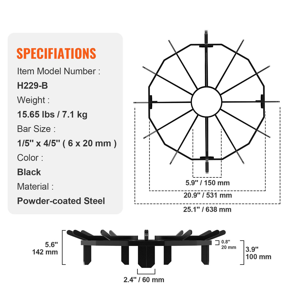 VEVOR Log Grate, 27 inch Heavy Duty Wheel Fire Grate with 6 Support Legs, Solid Powder-coated Steel Bars, Log Firewood Burning Rack Holder for Wood Stove and Outdoor Camping Fire Pit