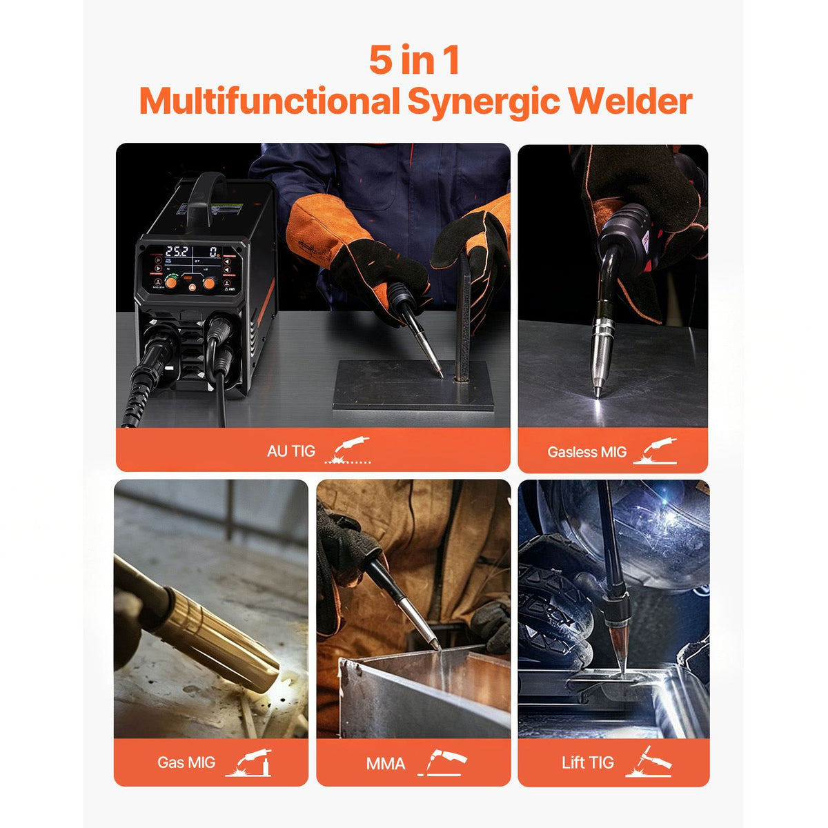 Pro MIG Welder, 200Amp Pluse Mig Welding Machine, 5-in-1 Synergic Welder Machine MIG Pluse/Gas MIG/Flux Core MIG/Stick/Lift TIG with IGBT Inverter Technology and LCD Screen Display