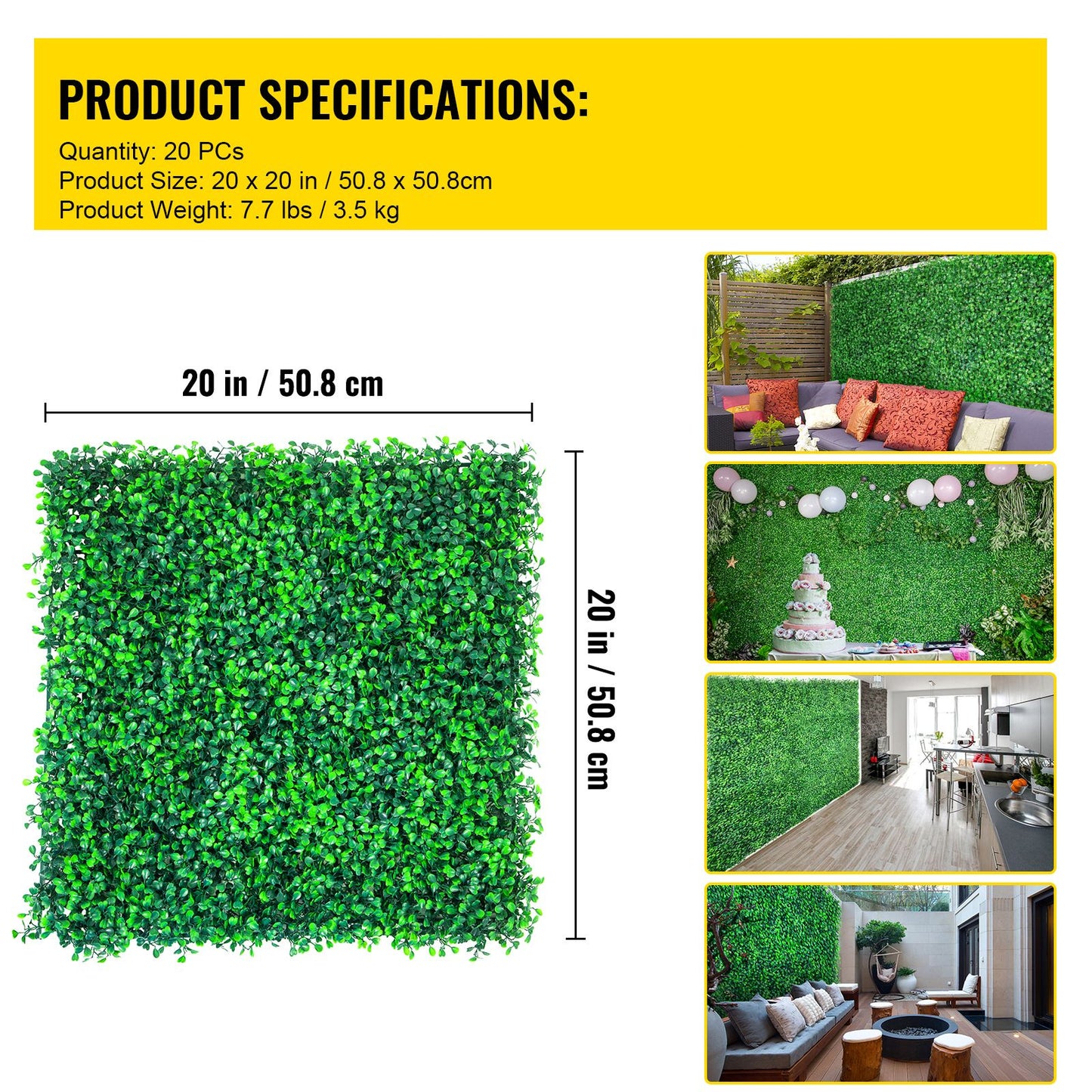 VEVOR Artificial Boxwood Panels, 20 PCS 20\"x20\" Boxwood Hedge Wall Panels, PE Artificial Grass Backdrop Wall 1.6\", Privacy Hedge Screen for Decoration of Outdoor, Indoor, Garden, Fence, and Backyar