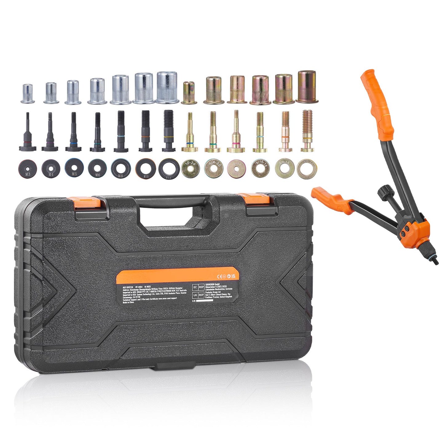VEVOR Rivet Nut Tool, 16” Rivnut Tool Kit with 13PCS Metric and SAE Mandrels, 186PCS Rivet Nuts, M3, M4, 10-24, M5, M6, 1/4-20, 8-32, 5/16-18, M8, 3/8-16, M10, M12, 1/2-13, With Carrying Case