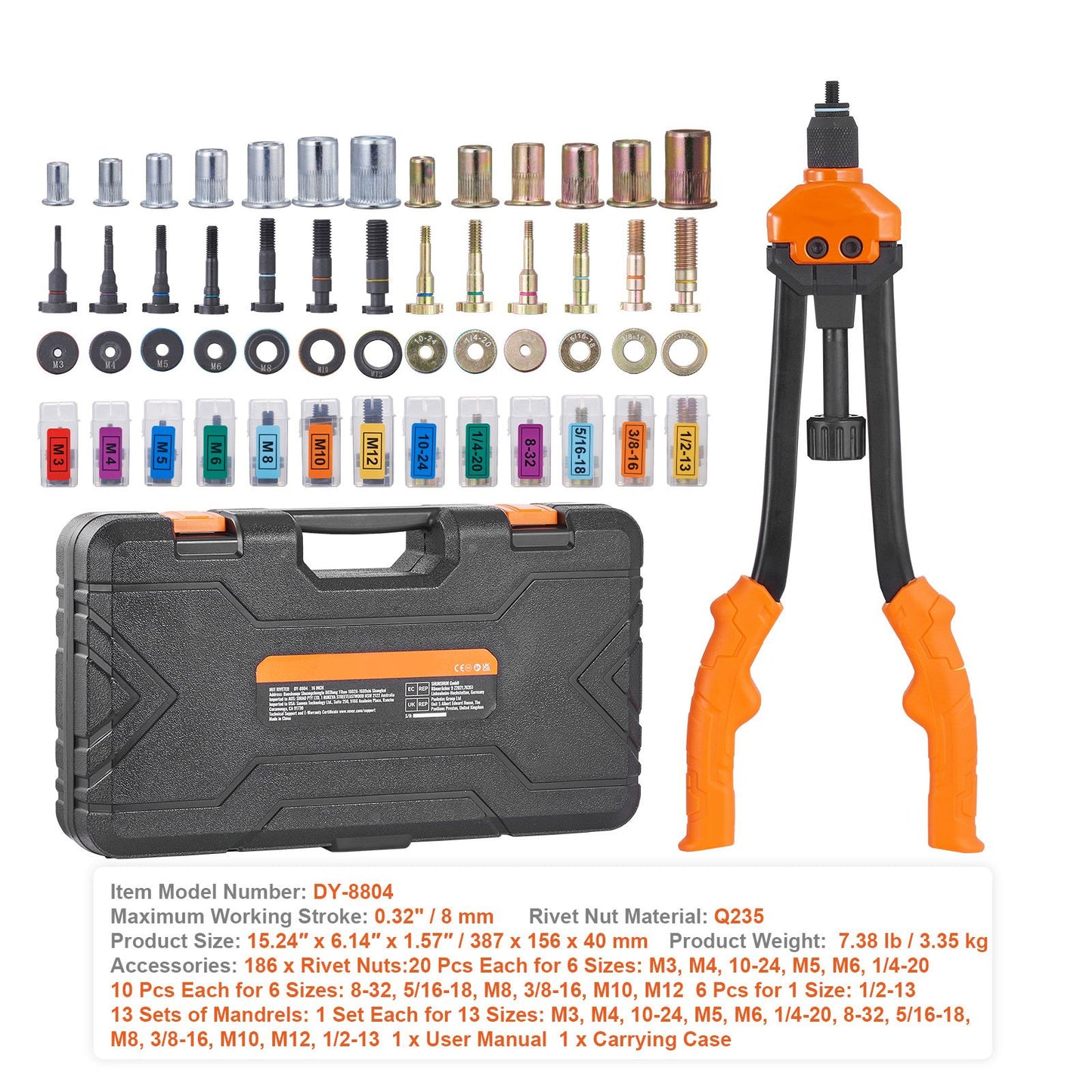 VEVOR Rivet Nut Tool, 16” Rivnut Tool Kit with 13PCS Metric and SAE Mandrels, 186PCS Rivet Nuts, M3, M4, 10-24, M5, M6, 1/4-20, 8-32, 5/16-18, M8, 3/8-16, M10, M12, 1/2-13, With Carrying Case