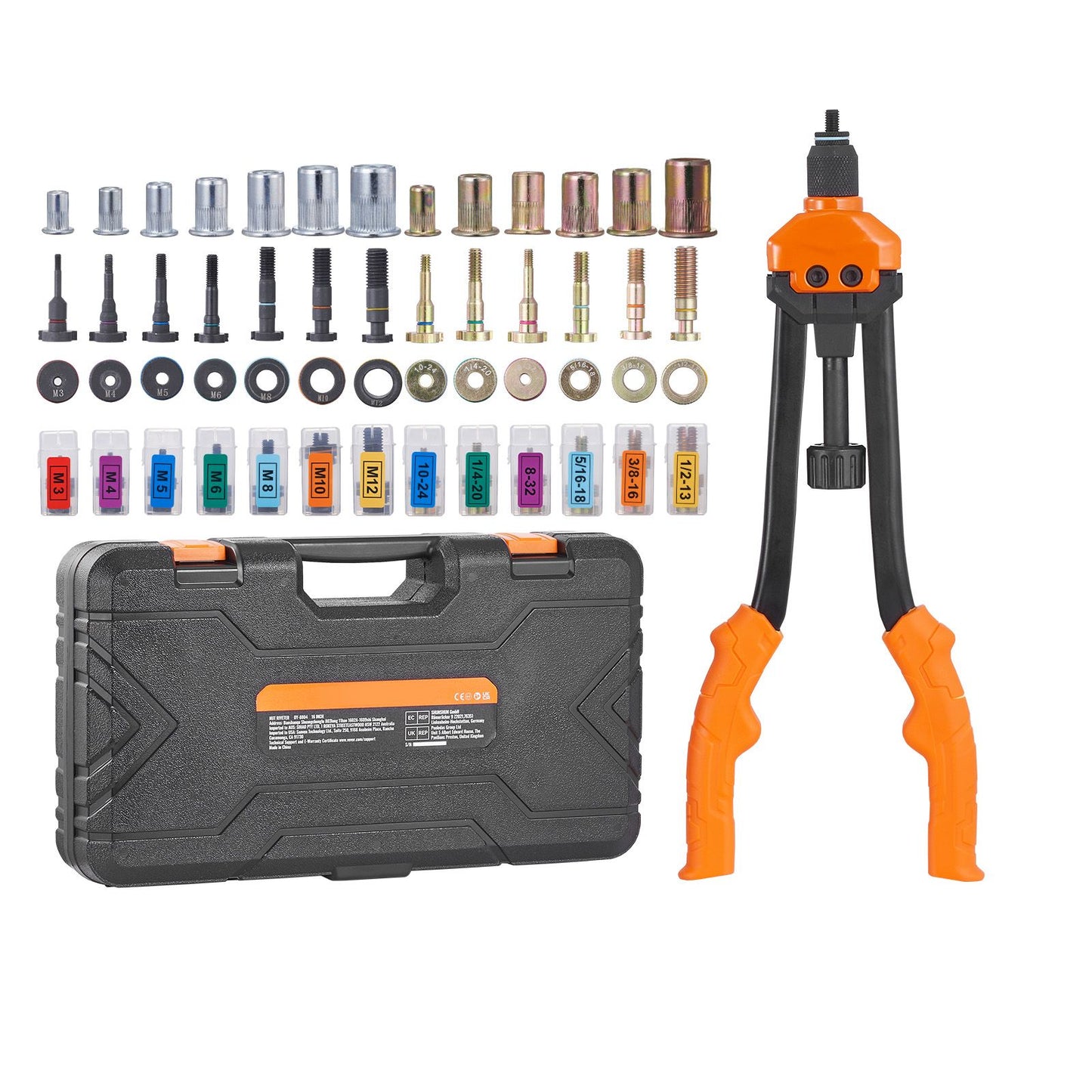 VEVOR Rivet Nut Tool, 16” Rivnut Tool Kit with 13PCS Metric and SAE Mandrels, 186PCS Rivet Nuts, M3, M4, 10-24, M5, M6, 1/4-20, 8-32, 5/16-18, M8, 3/8-16, M10, M12, 1/2-13, With Carrying Case