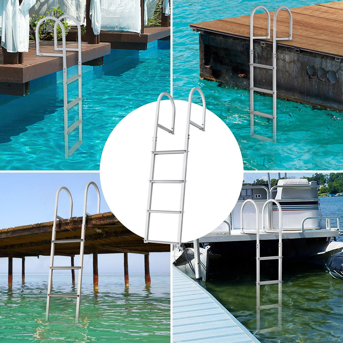 Dock Ladder, Removable 4 Steps, 500 lbs Load Capacity, Aluminum Alloy Pontoon Boat Ladder with 3.1'' Wide Step & Nonslip Rubber Mat, Easy to Install for Ship/Lake/Pool/Marine Boarding