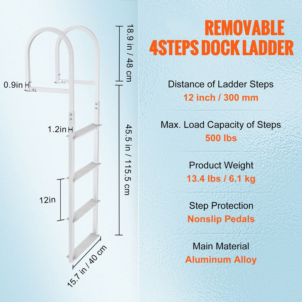 Dock Ladder, Removable 4 Steps, 500 lbs Load Capacity, Aluminum Alloy Pontoon Boat Ladder with 3.1'' Wide Step & Nonslip Rubber Mat, Easy to Install for Ship/Lake/Pool/Marine Boarding