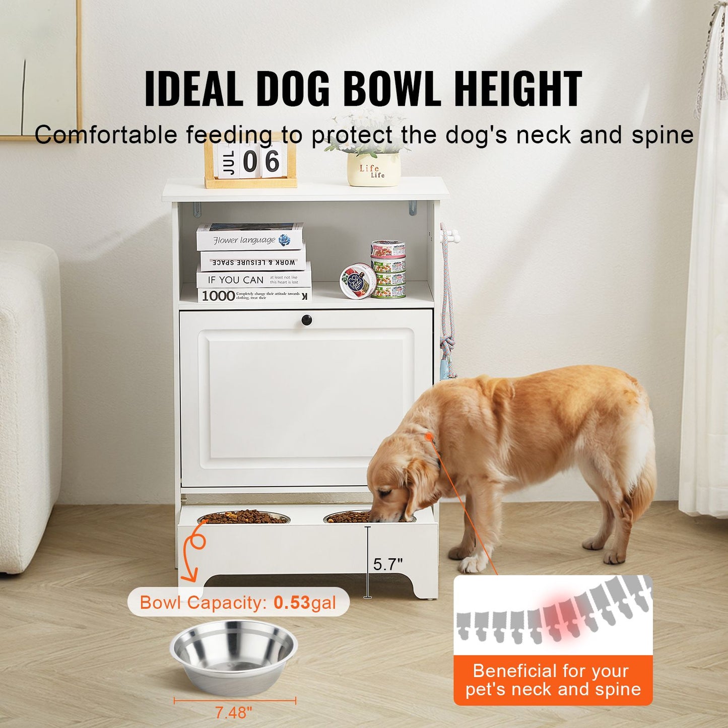 VEVOR Pet Feeding Station w/ 2 Elevated Dog Bowls Dog Food & Toy Storage Cabinet