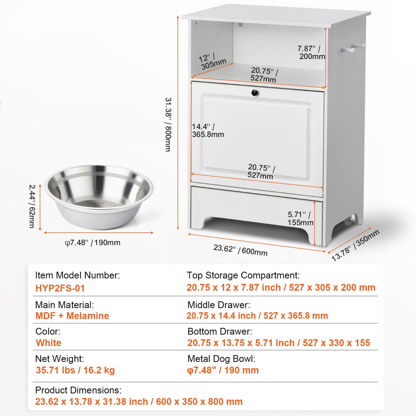 VEVOR Pet Feeding Station w/ 2 Elevated Dog Bowls Dog Food & Toy Storage Cabinet