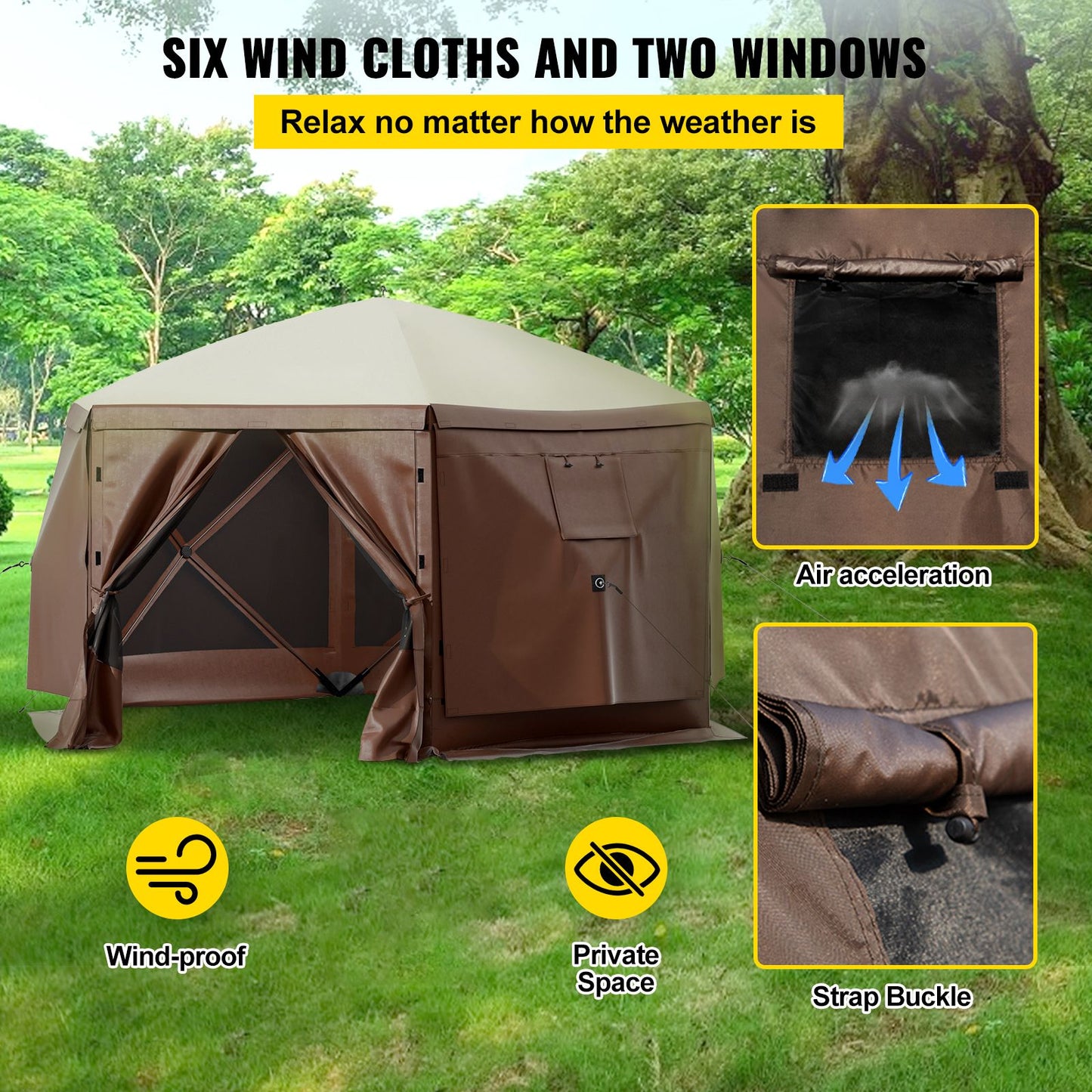VEVOR Pop-up Camping Gazebo Camping Canopy Shelter 6 Sided 10' x 10' Sun Shade
