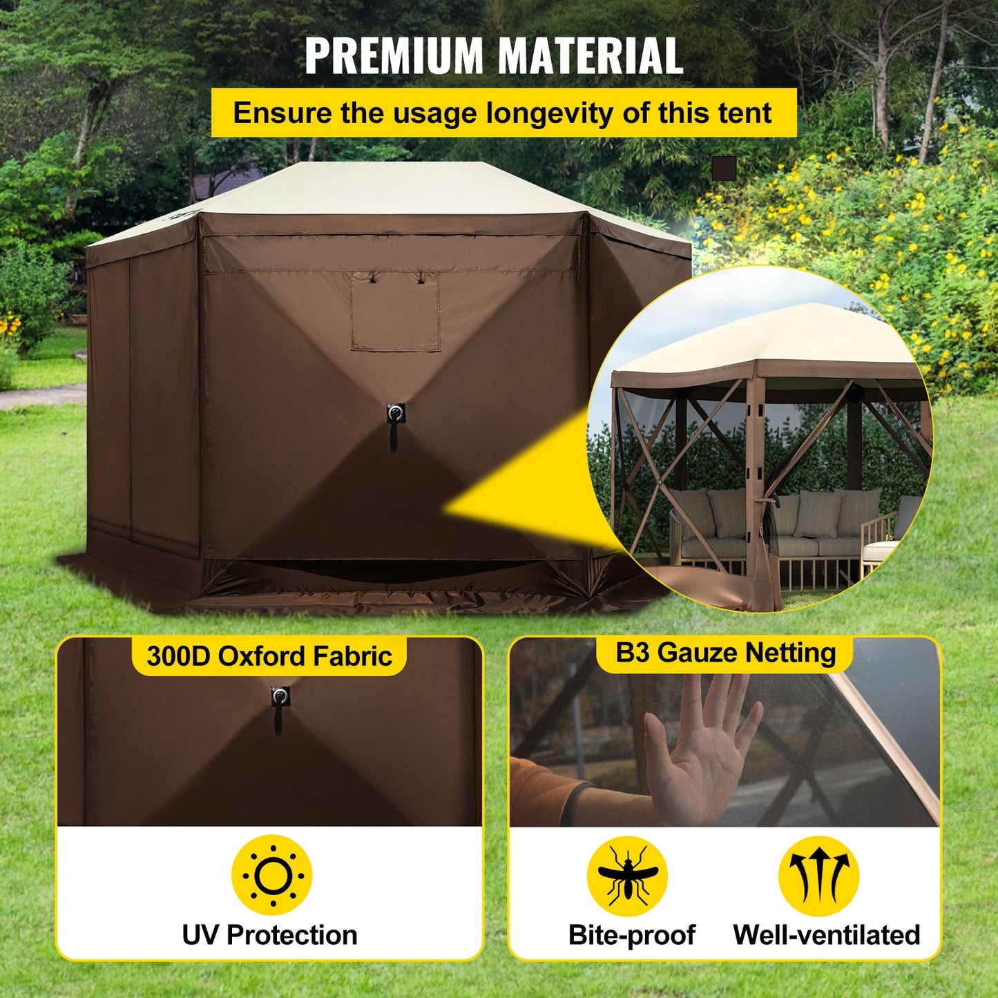 VEVOR Pop-up Camping Gazebo Camping Canopy Shelter 6 Sided 10' x 10' Sun Shade