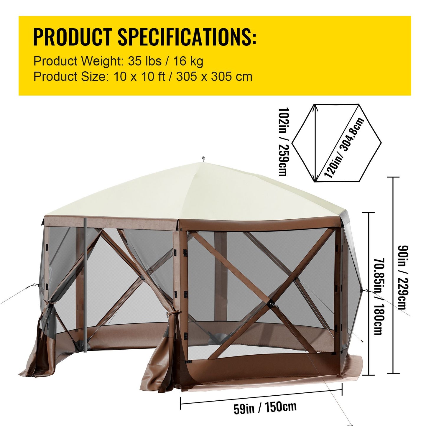 VEVOR Pop-up Camping Gazebo Camping Canopy Shelter 6 Sided 10' x 10' Sun Shade