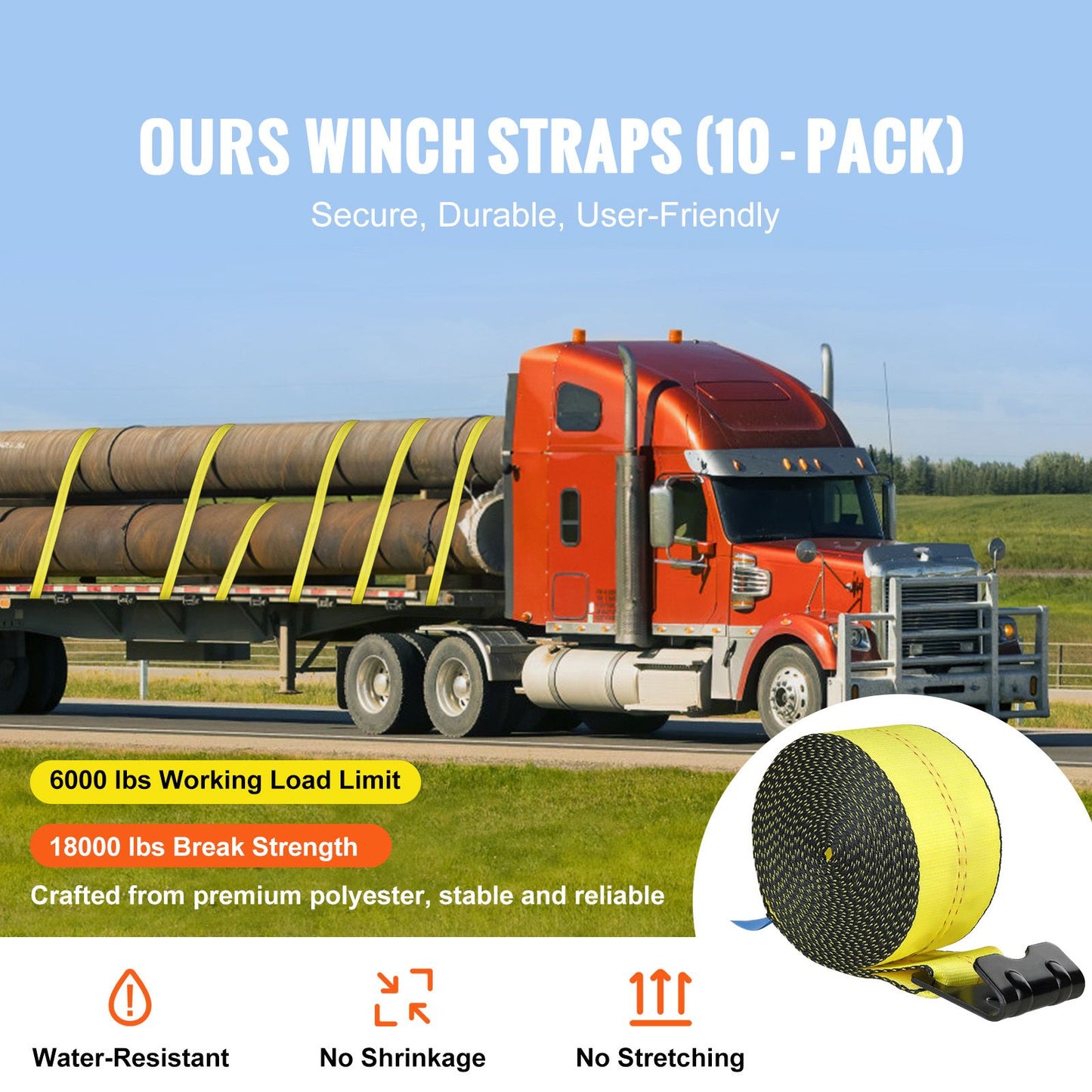 VEVOR Winch Straps, 10.2 cm x 9.1 m, 2.7T Load Capacity, 8.2T Break Strength, Truck Straps with Flat Hook, Flatbed Tie Downs Cargo Control for Trailers, Farms, Rescues, Tree Saver, Yellow (10 Pack)