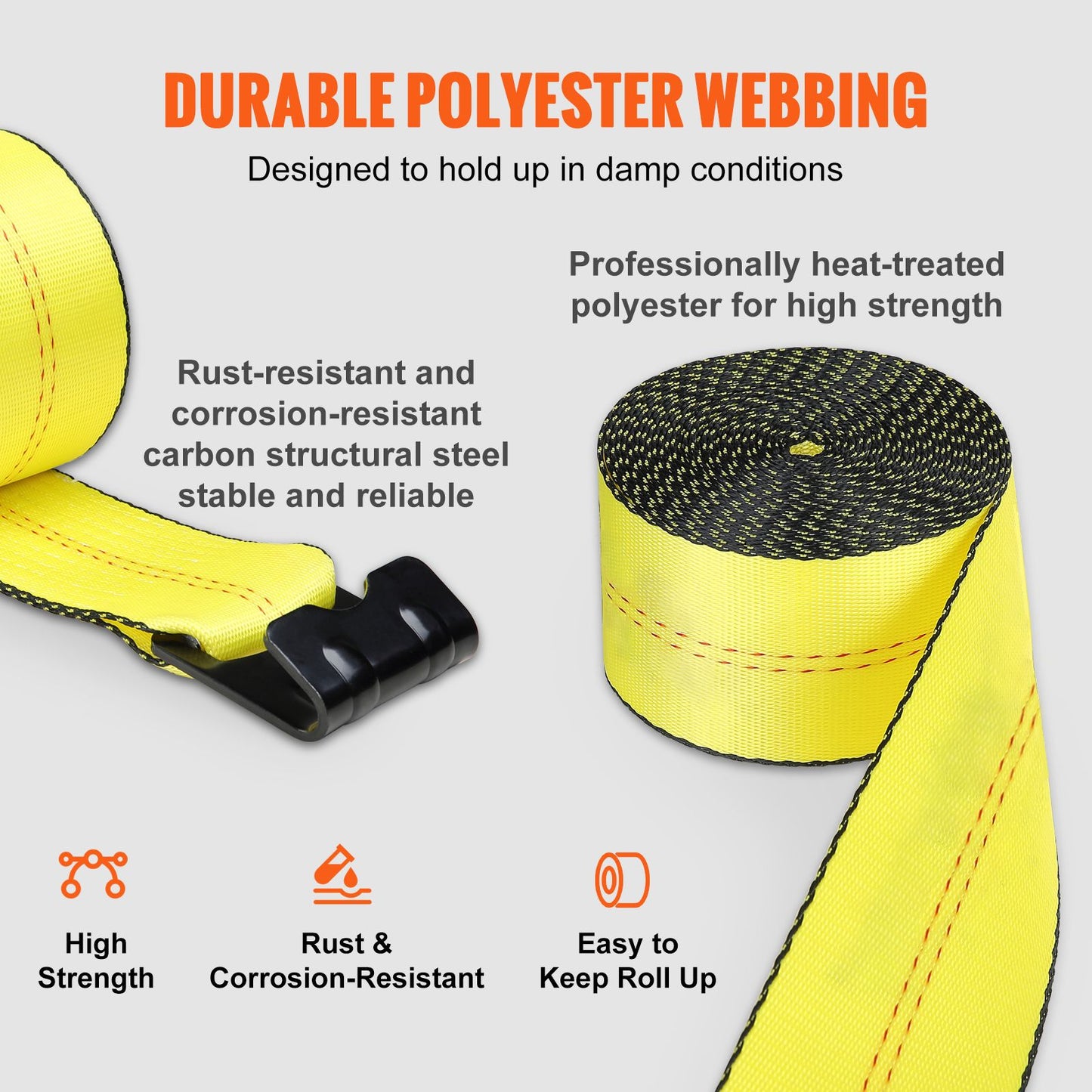 VEVOR Winch Straps, 10.2 cm x 9.1 m, 2.7T Load Capacity, 8.2T Break Strength, Truck Straps with Flat Hook, Flatbed Tie Downs Cargo Control for Trailers, Farms, Rescues, Tree Saver, Yellow (10 Pack)