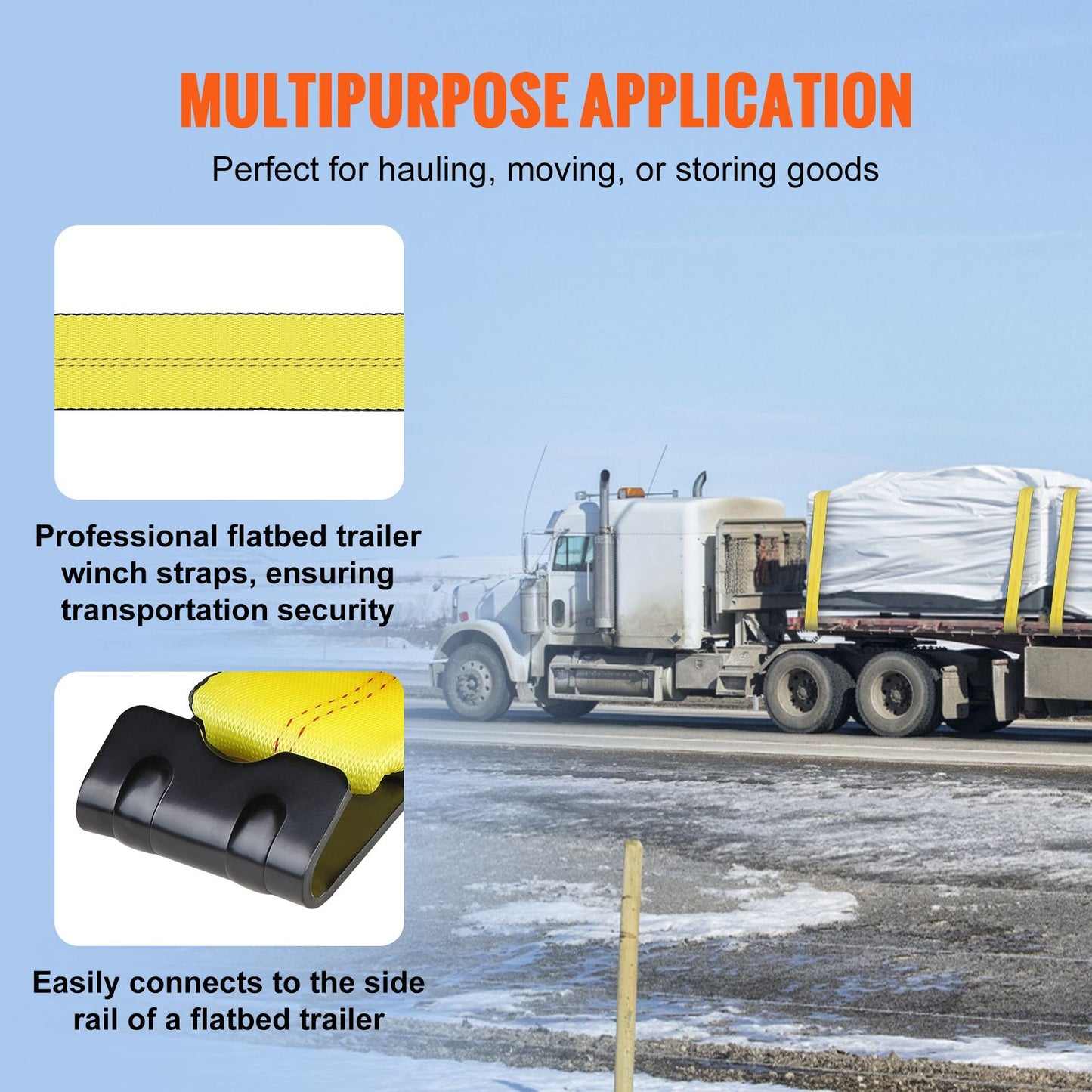 VEVOR Winch Straps, 10.2 cm x 9.1 m, 2.7T Load Capacity, 8.2T Break Strength, Truck Straps with Flat Hook, Flatbed Tie Downs Cargo Control for Trailers, Farms, Rescues, Tree Saver, Yellow (10 Pack)