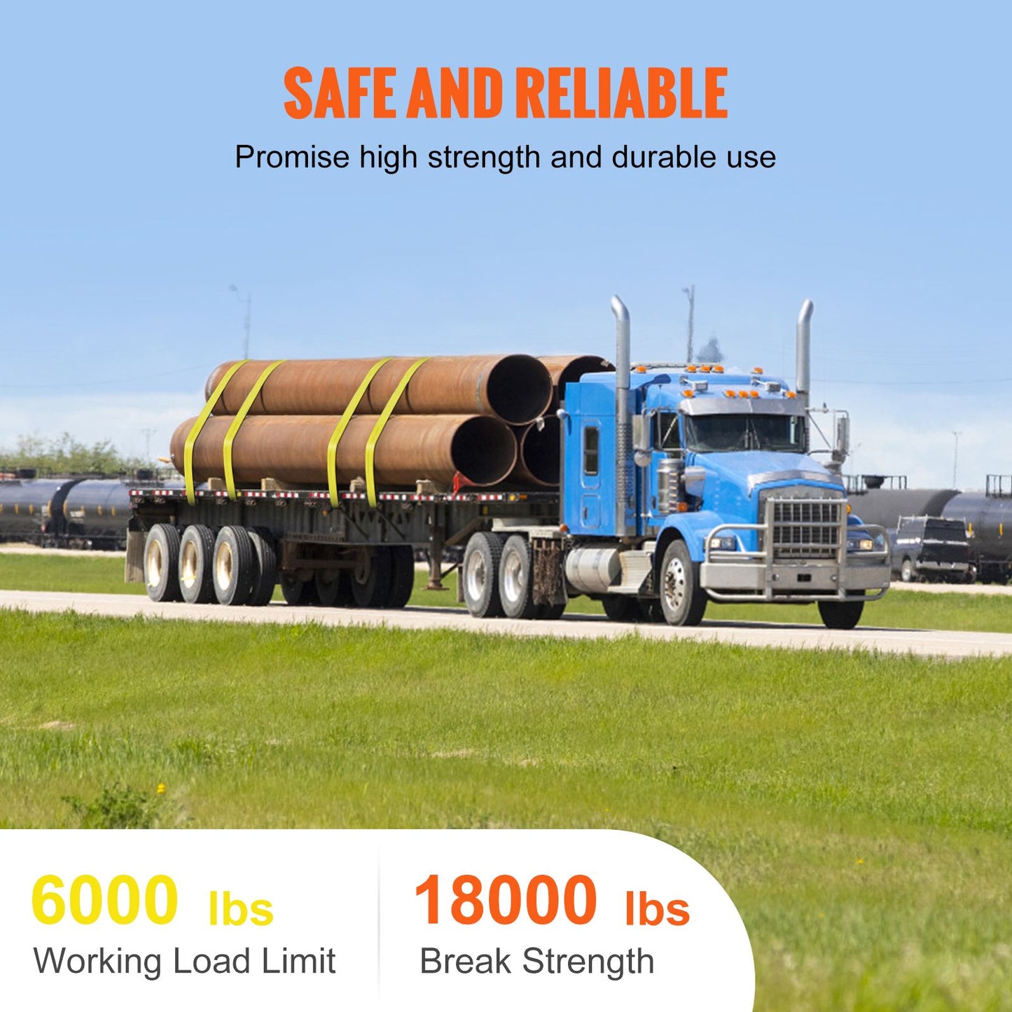 VEVOR Winch Straps, 10.2 cm x 9.1 m, 2.7T Load Capacity, 8.2T Break Strength, Truck Straps with Flat Hook, Flatbed Tie Downs Cargo Control for Trailers, Farms, Rescues, Tree Saver, Yellow (10 Pack)