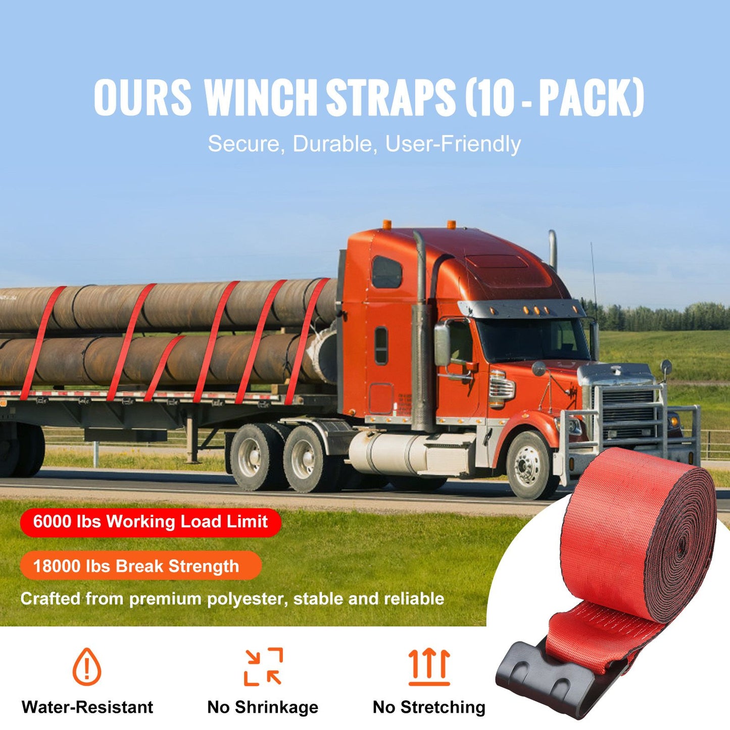 VEVOR Winch Straps, 10.2 cm x 9.1 m, 2.7T Load Capacity, 8.2T Breaking Strength, Truck Straps with Flat Hook, Flatbed Tie Downs Cargo Control for Trailers, Farms, Rescues, Tree Saver, Red (10 Pack)