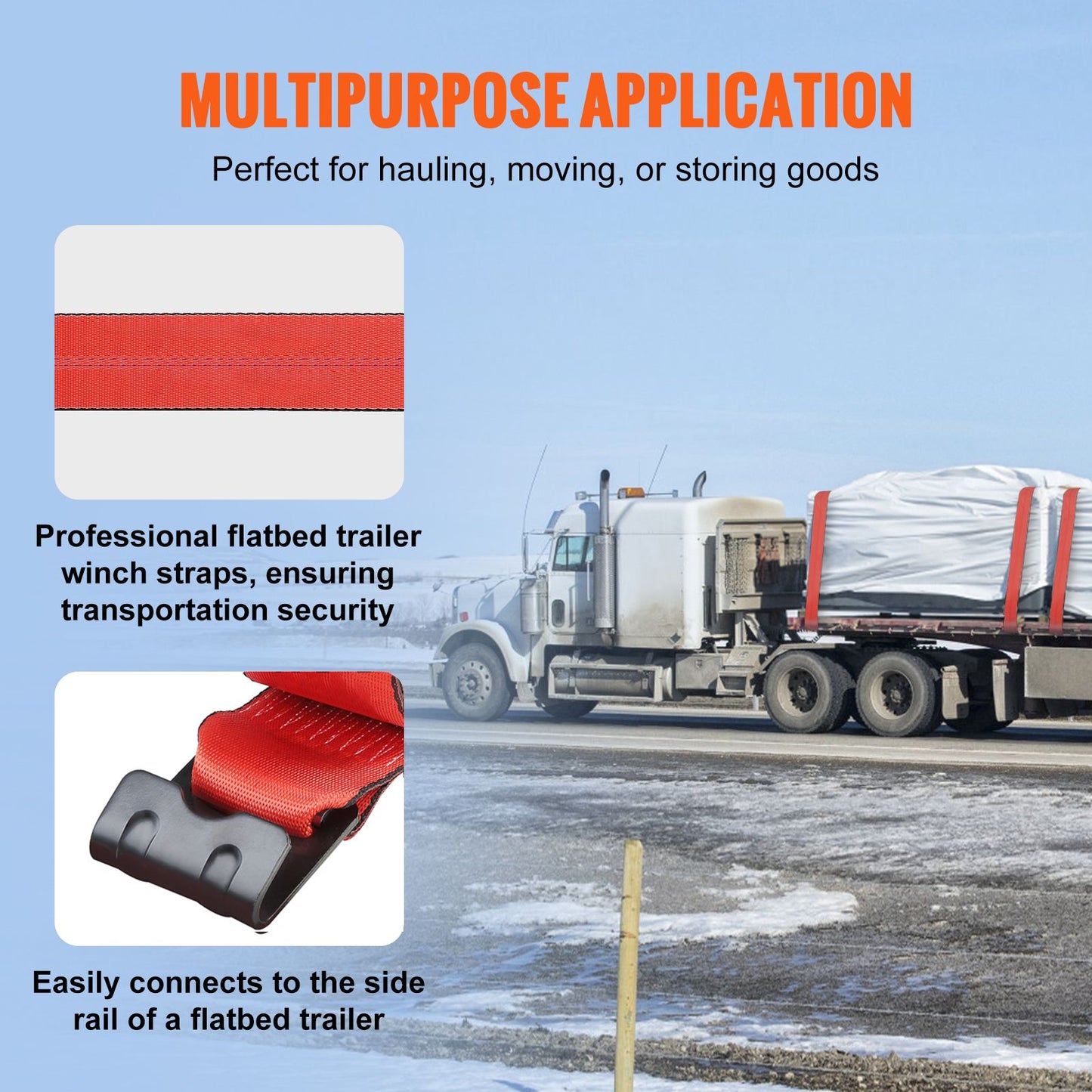 VEVOR Winch Straps, 10.2 cm x 9.1 m, 2.7T Load Capacity, 8.2T Breaking Strength, Truck Straps with Flat Hook, Flatbed Tie Downs Cargo Control for Trailers, Farms, Rescues, Tree Saver, Red (10 Pack)