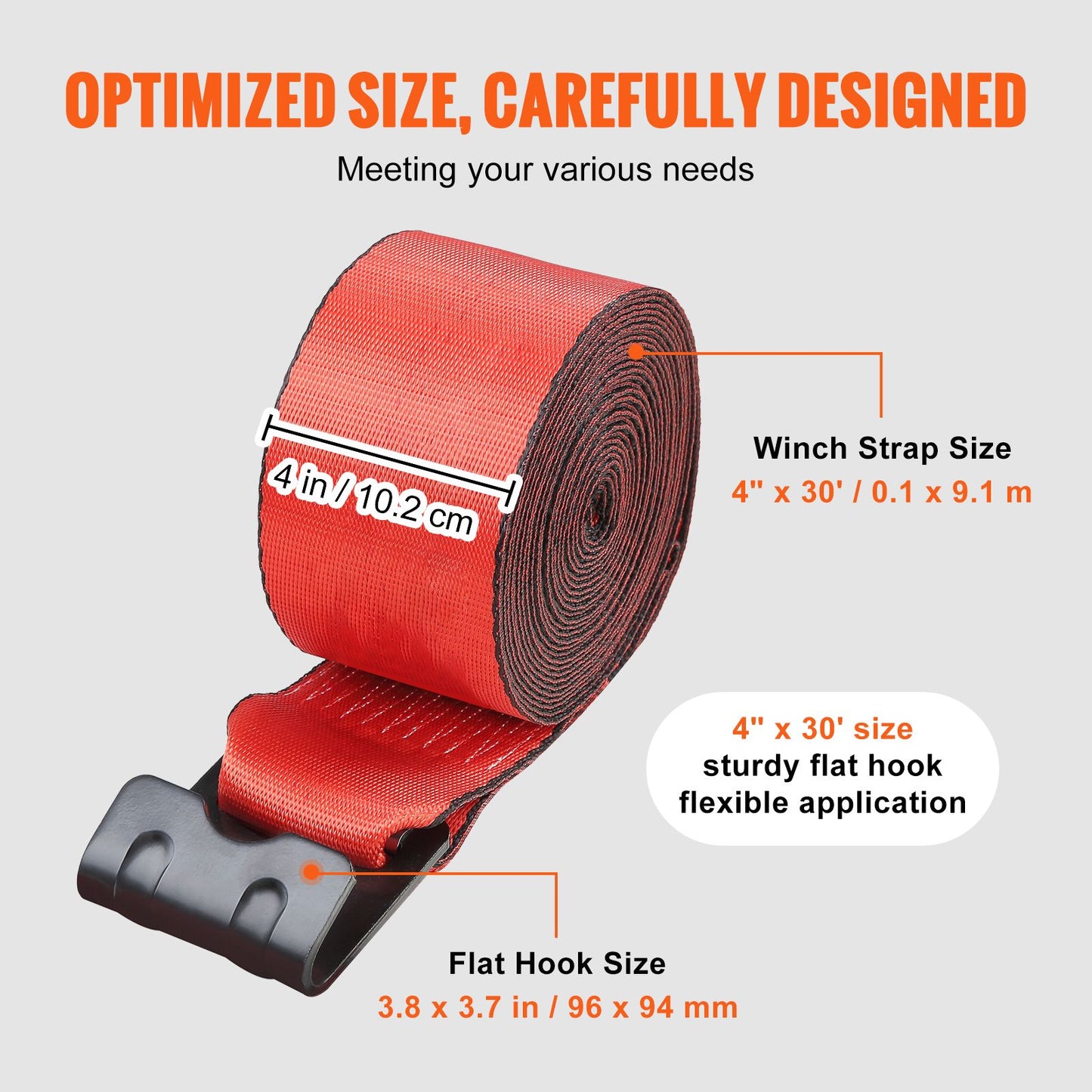 VEVOR Winch Straps, 10.2 cm x 9.1 m, 2.7T Load Capacity, 8.2T Breaking Strength, Truck Straps with Flat Hook, Flatbed Tie Downs Cargo Control for Trailers, Farms, Rescues, Tree Saver, Red (10 Pack)