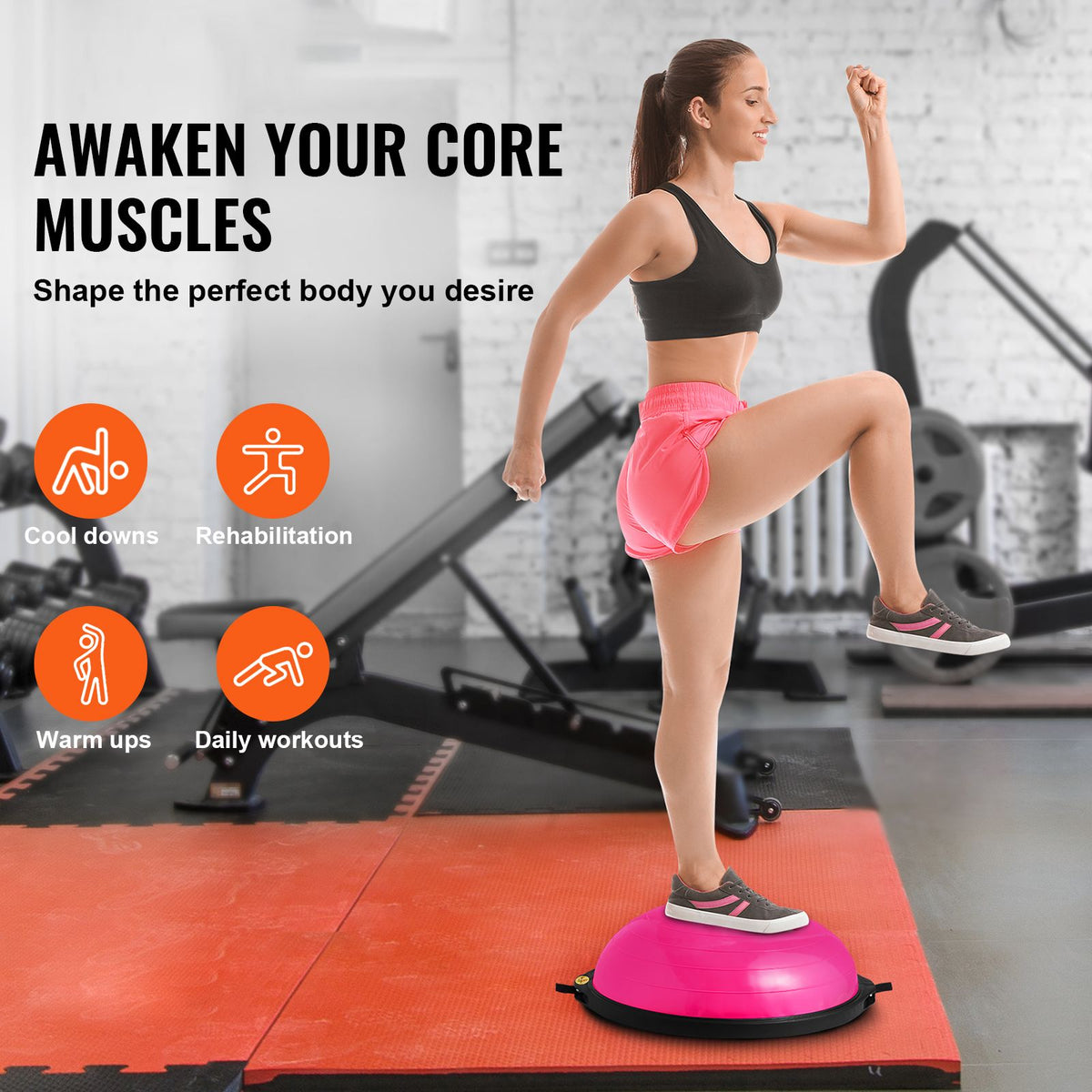 VEVOR Half Exercise Ball Trainer, 26 inch Balance Ball Trainer, 1500lbs Capacity Stability Ball, Yoga Ball with Resistance Bands & Foot Pump, Strength Fitness Ball for Home Gym Full Body Workout, Pink