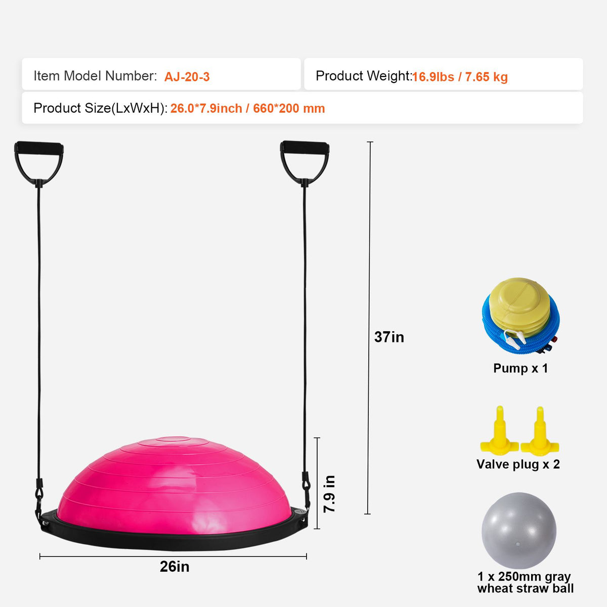 VEVOR Half Exercise Ball Trainer, 26 inch Balance Ball Trainer, 1500lbs Capacity Stability Ball, Yoga Ball with Resistance Bands & Foot Pump, Strength Fitness Ball for Home Gym Full Body Workout, Pink
