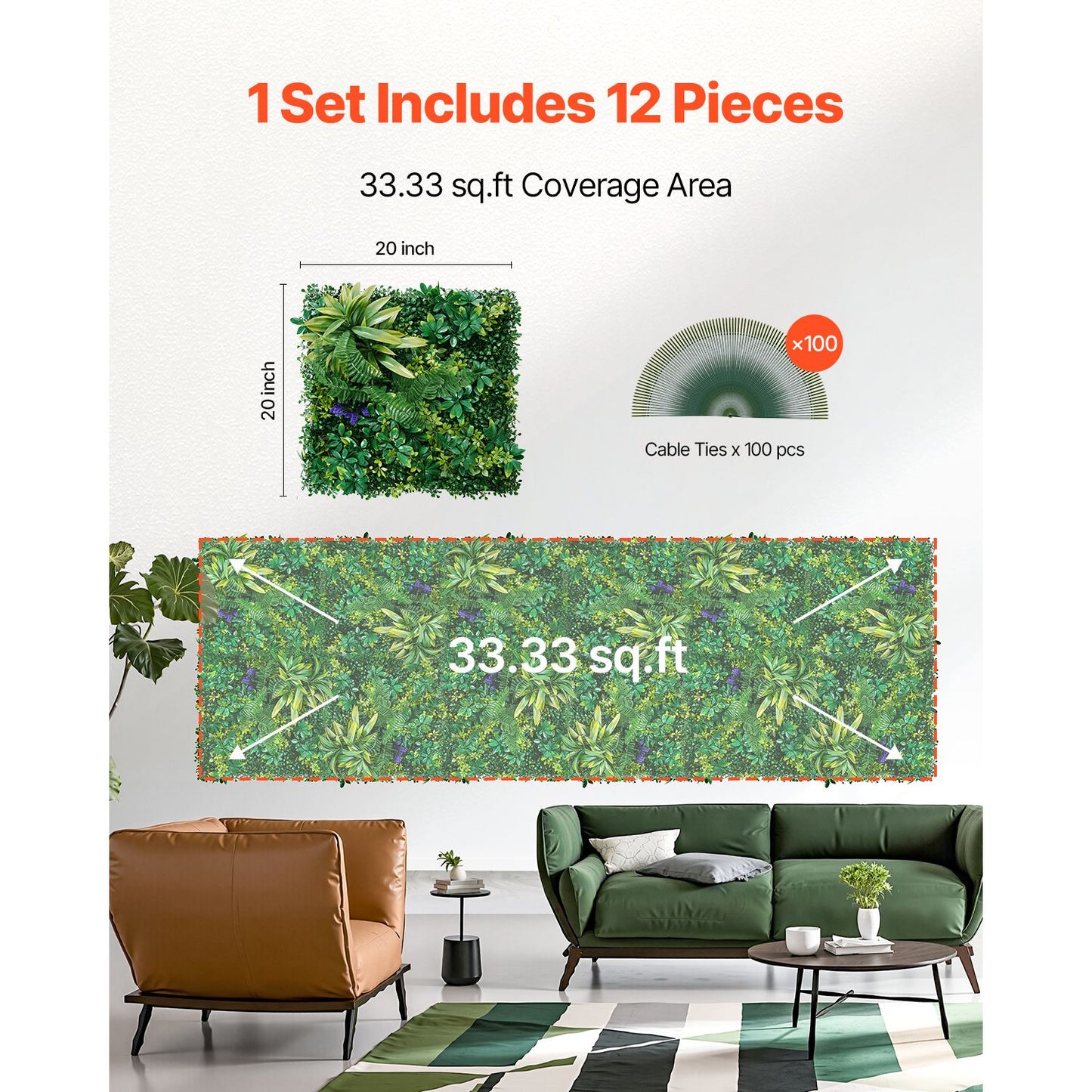 VEVOR Artificial Grass Wall Panels, 12 PCS 20 x 20 inch, 3D Combination Greenery Boxwood  Panel for Indoor Outdoor Green Decor & Ivy Fence Covering, Privacy Backdrop Wall Hedge Screen for Garden