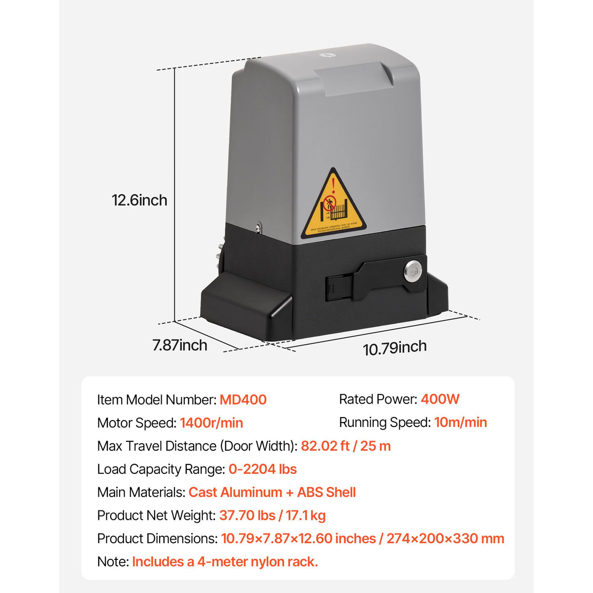 VEVOR 400W Electric Sliding Gate Opener 1000kg Chain Drive Infrared Sensor
