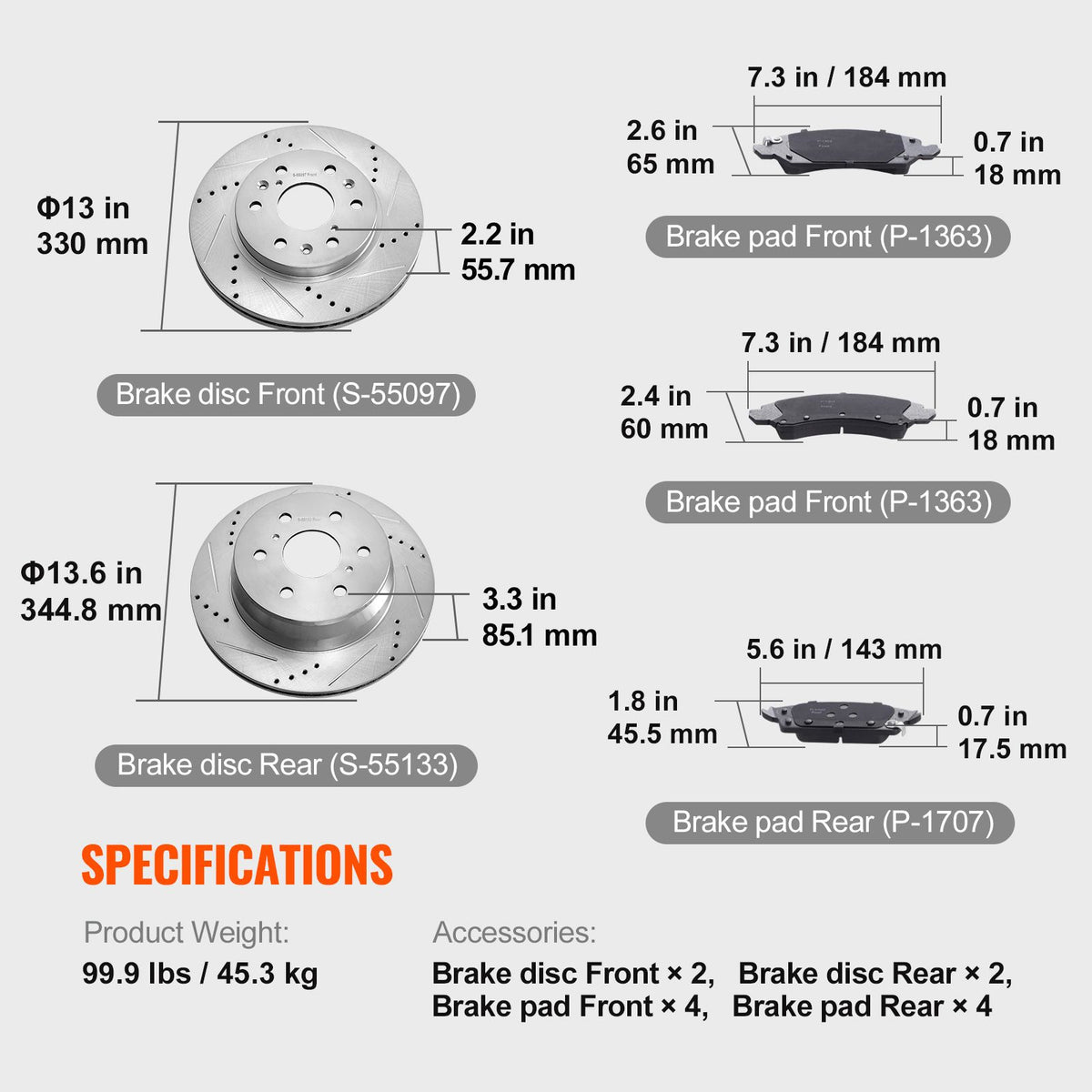 Front&Rear Rotors Disc Brake Pads Kit for 14-18 Chevy Silverado Gmc Sierra 1500