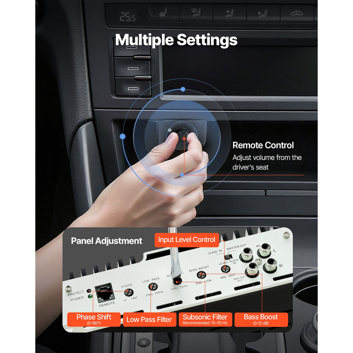 Monoblock Car Amplifier, 1200W RMS MAX, 1/2/4 Ohm Stable, 1-Channel Class D Car Audio Amplifier with Remote Subwoofer Level Control, Low Pass Filter, Bass Boost & Phase Shift, Volume Controller