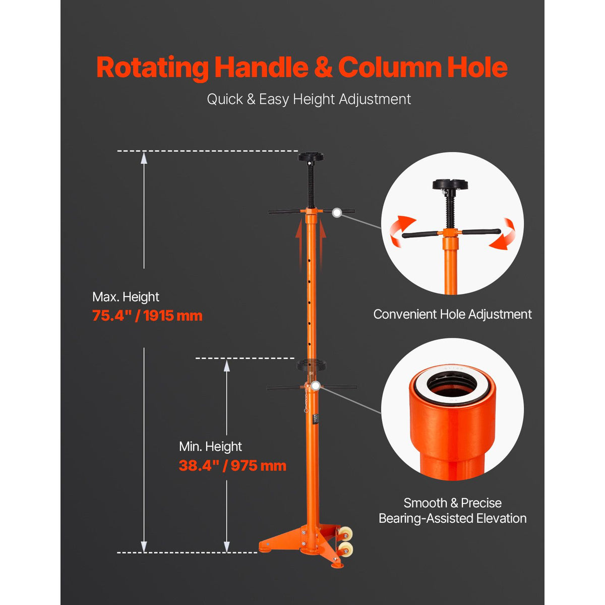 VEVOR Underhoist Support Stand, 3/4 Ton Capacity Under Hoist Jack Stand, Lifting from 38.4 to 75.4 in, Bearing Mounted Spin Handle, Self-Locking Threaded Screw, Two Wheels, Support Vehicle Components