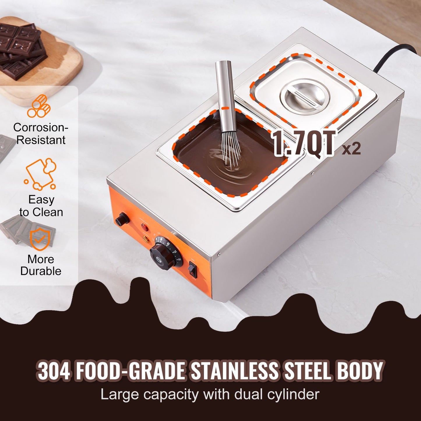 VEVOR Chocolate Tempering Machine, 2 Tanks Chocolate Melting Pot with TEMP Control, 800W Stainless Steel Electric Commercial Food Warmer For Chocolate/Milk/Cream Melting and Heating