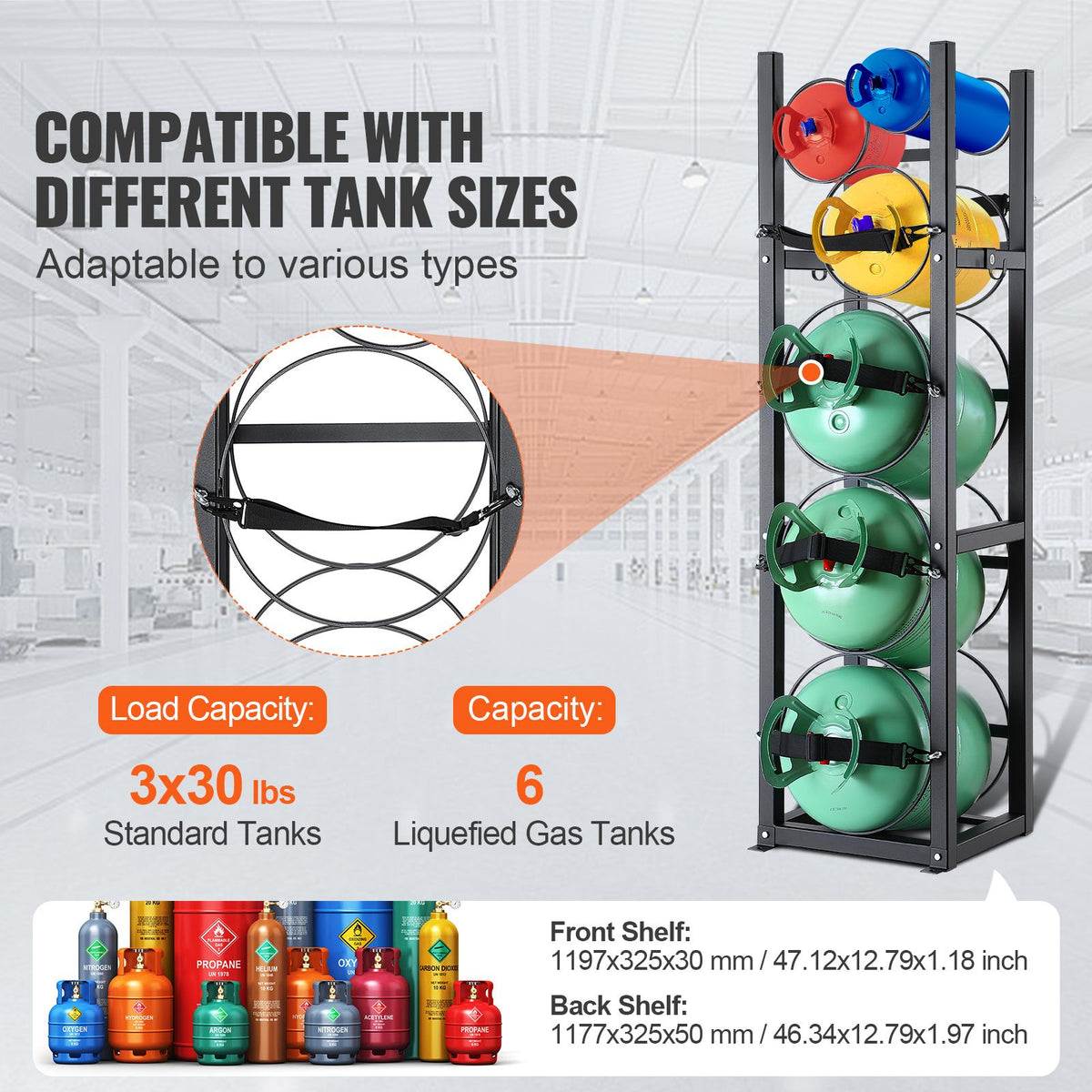 Refrigerant Tank Rack, with 3 x 30lbs and Other 3 Small Bottle Tanks, Cylinder Tank Rack 12.79x12.99x47.12 in, Refrigerant Cylinder Rack and Holders for Freon, Gases, Oxygen, Nitrogen