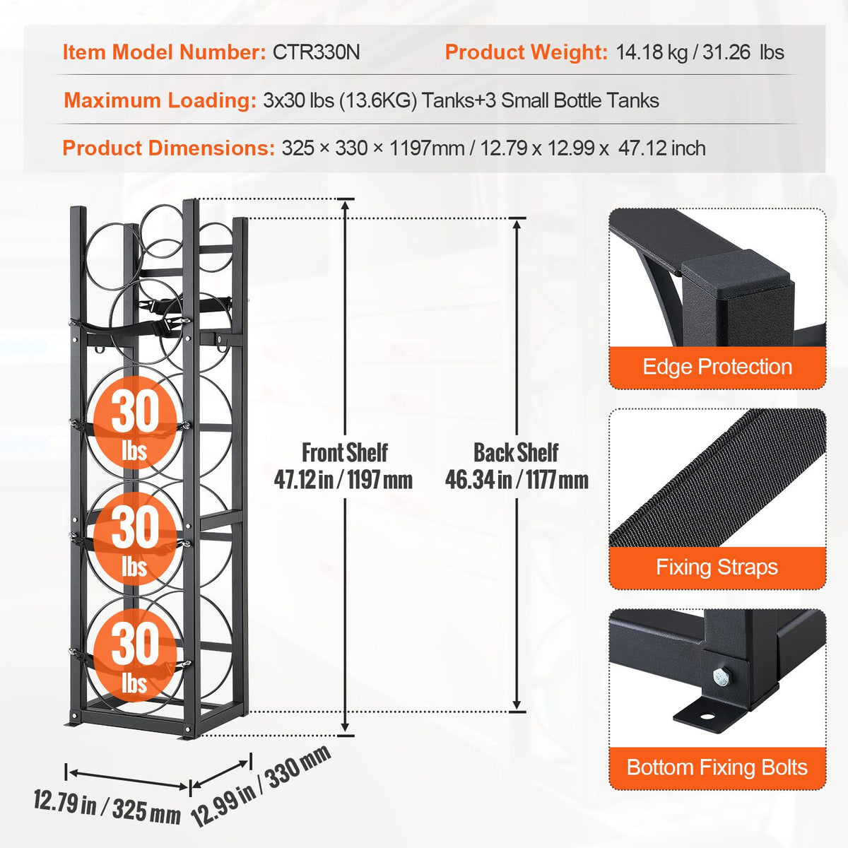 Refrigerant Tank Rack, with 3 x 30lbs and Other 3 Small Bottle Tanks, Cylinder Tank Rack 12.79x12.99x47.12 in, Refrigerant Cylinder Rack and Holders for Freon, Gases, Oxygen, Nitrogen