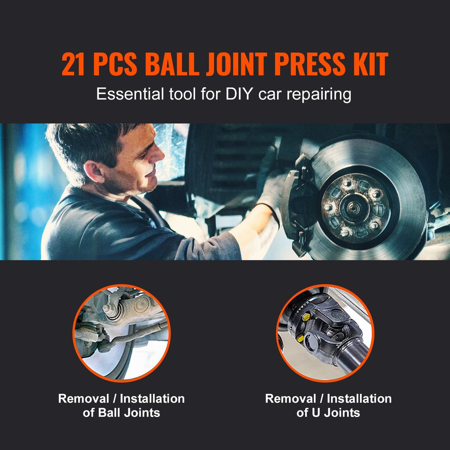 VEVOR Ball Joint Press Kit, 21 pcs Tool Kit, C-press Ball joint Remove and Install Tools, for Most 2WD and 4WD Cars, Heavy Duty Ball Joint Repair Kit for Automotive Repairing